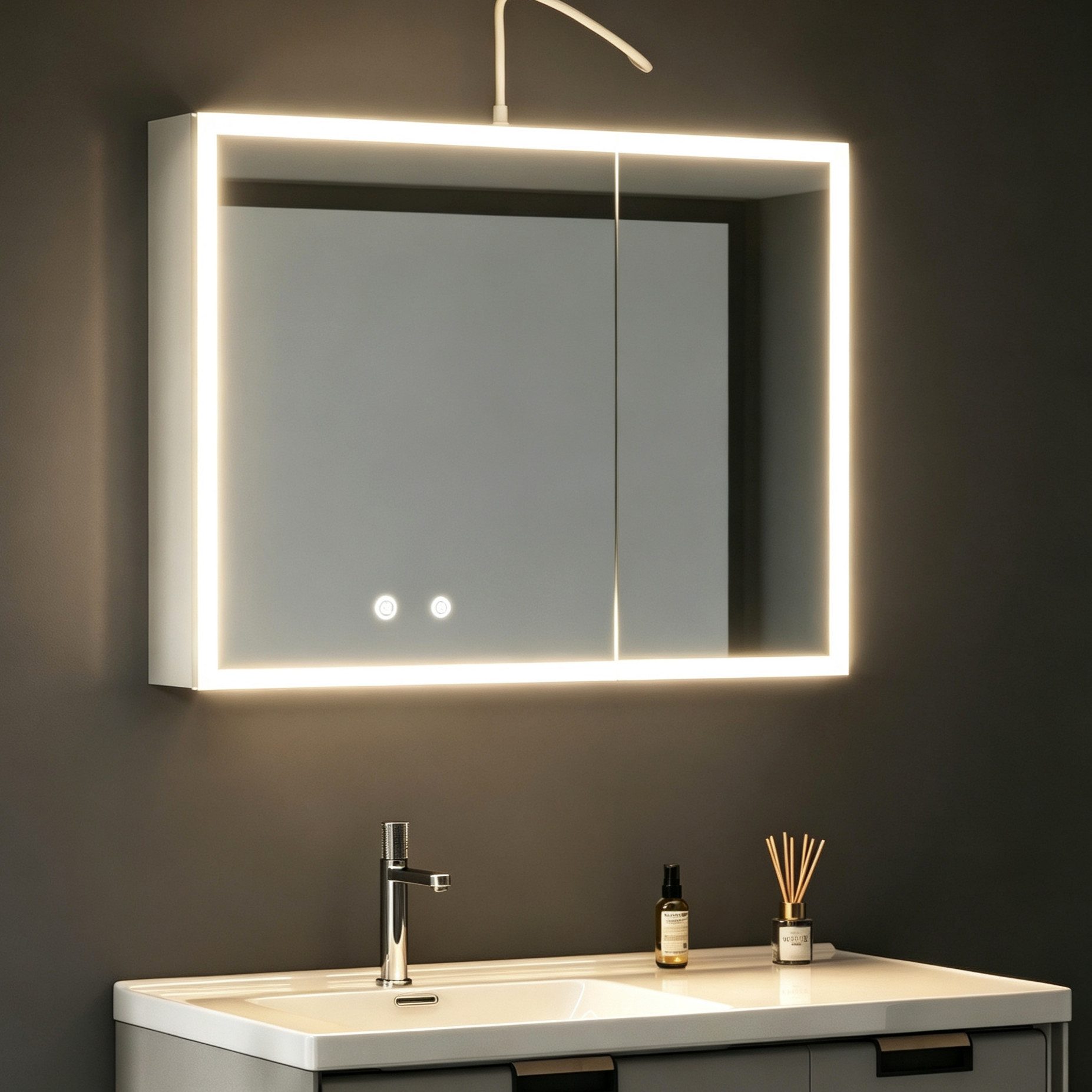 WDWRITTI Badezimmerspiegelschrank mit Led Weiss Spiegelschrank Aluminum 2türig 3Lichtfarben dimmbar (Wandschrank Badschrank Weiß, 80 x 13,5 x 60 cm) vormontiert geliefert, mit Netzstecker, Doppel Spiegel