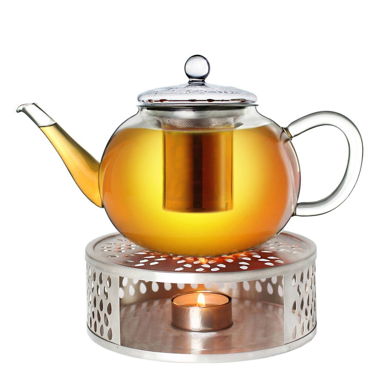 Creano Teekanne Teekanne “flach” 1,2l mit Stövchen aus Edelstahl, 1.2 l, (Set, 4-St., 1 Teekanne, 1 Stövchen, 1 Deckel)