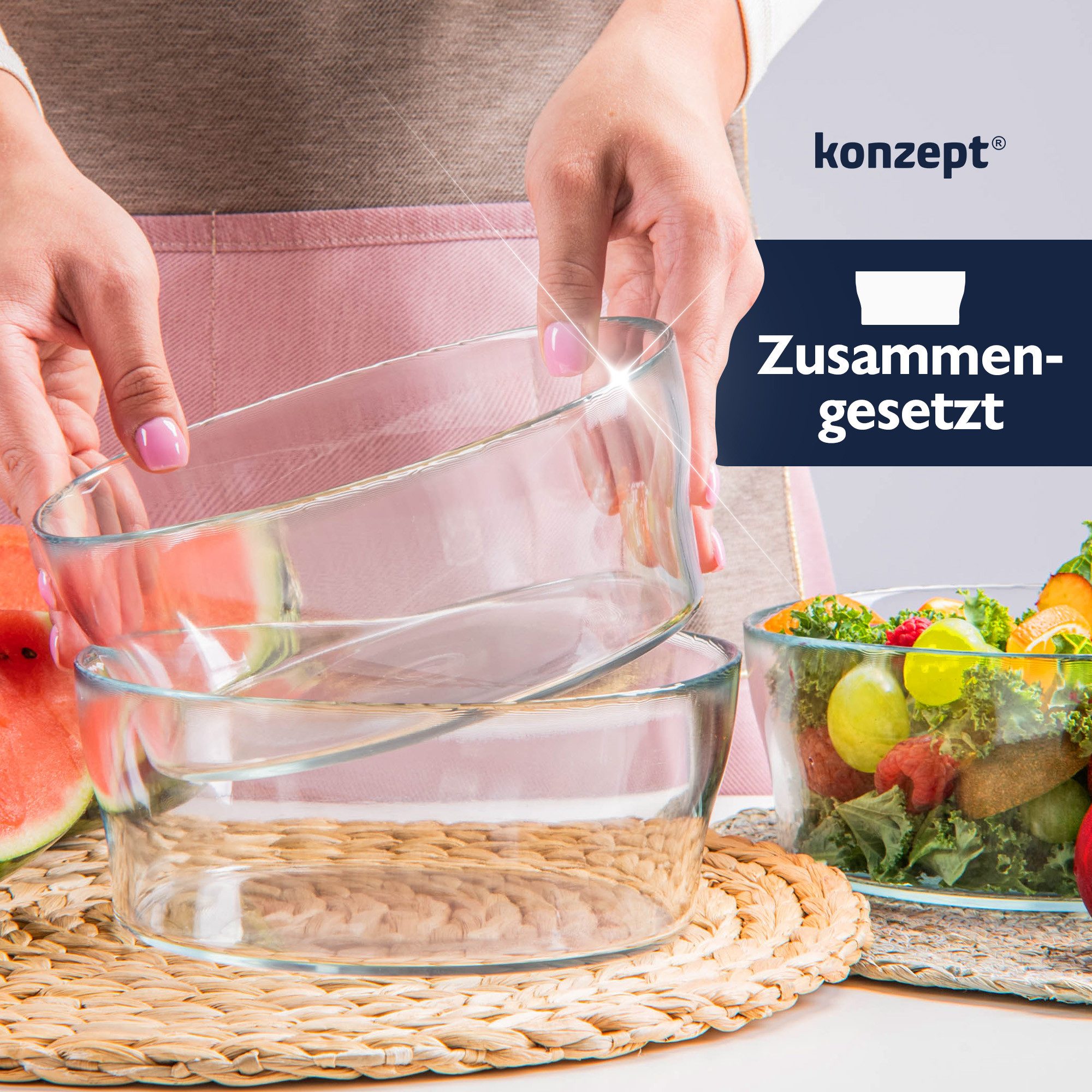 KONZEPT Salatschüssel aus Glas, 1,7 L, Glasschale ideal für Salat, (Obst, Snack, Mussli, Süßigkeiten, 1-tlg), Spülmaschinenfest, 19 cm Durchmesser – Bild 4 von 5