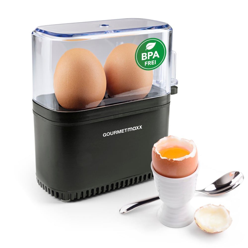 GOURMETmaxx Eierkocher GOURMETmaxx Design-Eierkocher für 2 Frühstückseier, 250 W, für perfekte Frühstückseier, mit Messbecher & Ei-Pick