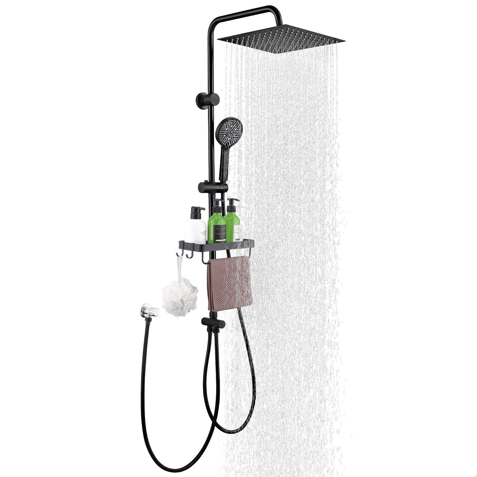 HOMELODY Duschsystem 30cm Regendusche Edelstahl Schwarz Chrom Rund Eckig, 5 Strahlarten Handbrause, höhenverstellbar, ohne Neubohren, Schwarz