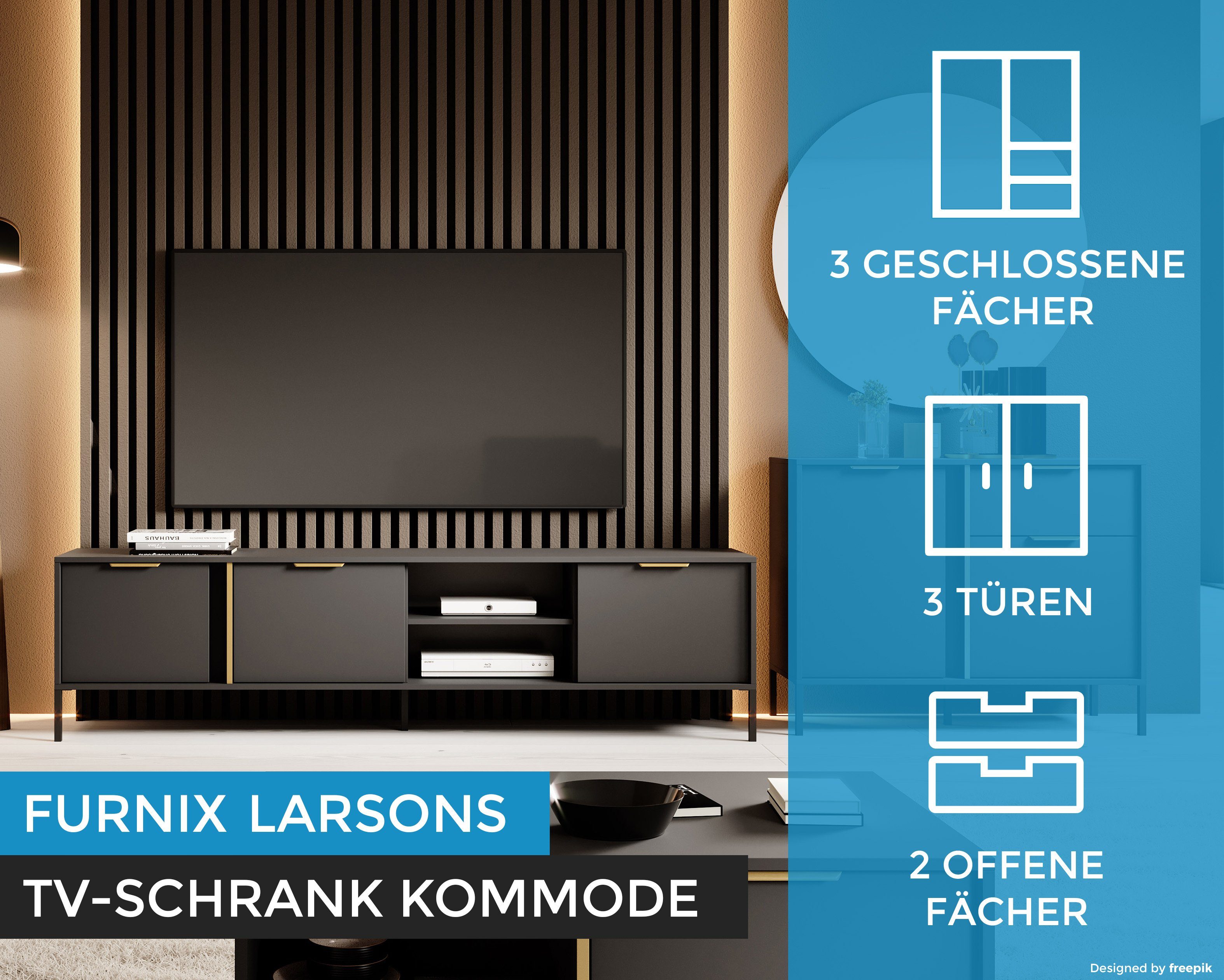 Furnix TV-Board LARSONS 203F 3D Fernsehschrank H53,4 Anthrazit, cm B202,9 cm x Metallbeine 3 T39,5 Flügeltüren cm, x