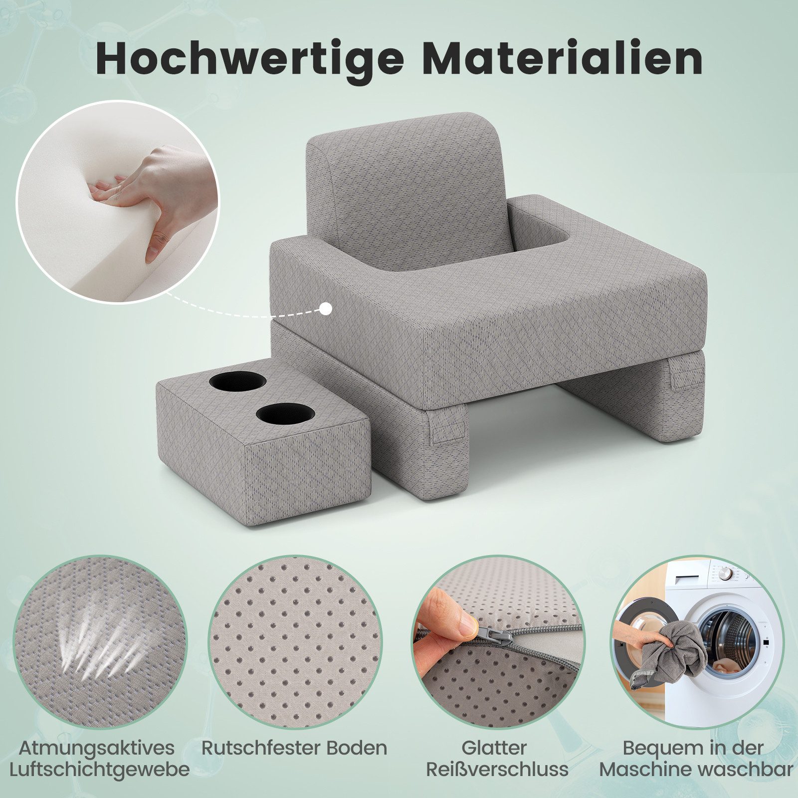 COSTWAY Rückenkissen, 3-tlg., Lesekissen für Bett und Sofa, Keilkissen-Set Grau – Bild 5 von 5