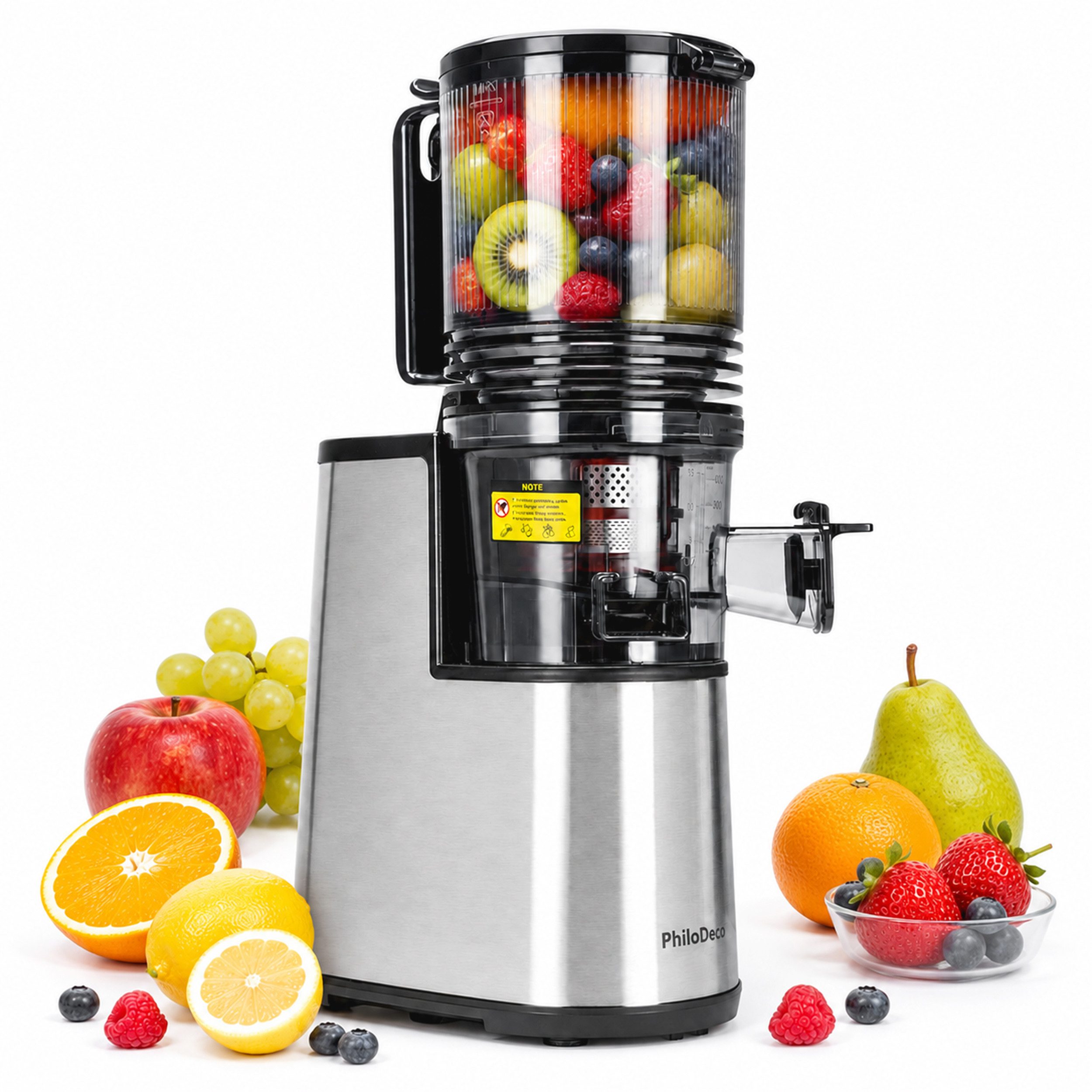 Sinaopus Slow Juicer Große 145-mm-Einfüllöffnung für ganze Früchte und Gemüse, 250 W, Feinfilterung, getrennte Auslässe und komfortabler Rückwärtslauf