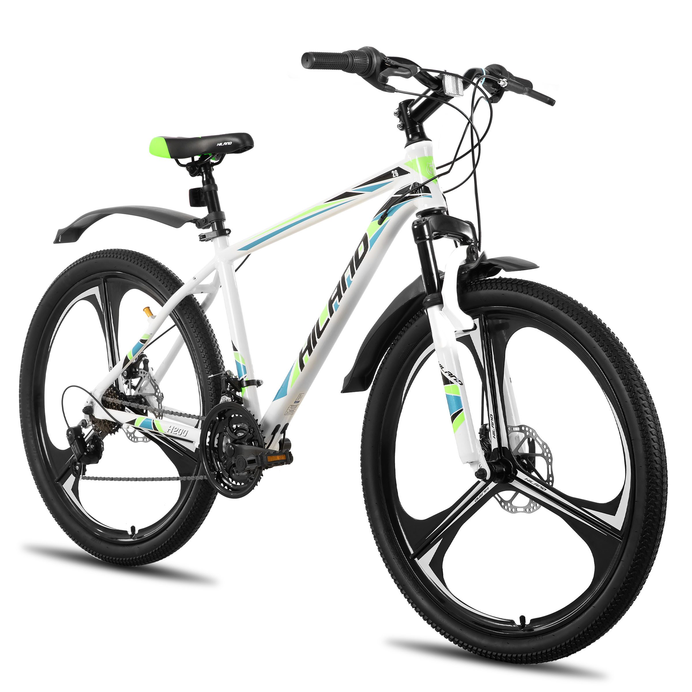 HILAND Mountainbike 26 Zoll Mountainbike für Erwachsene für Männer, Frauen, Studenten, 3-Speichen-Räder, 18-Gang, mit Schutzblechen, Doppelscheibenbremsen