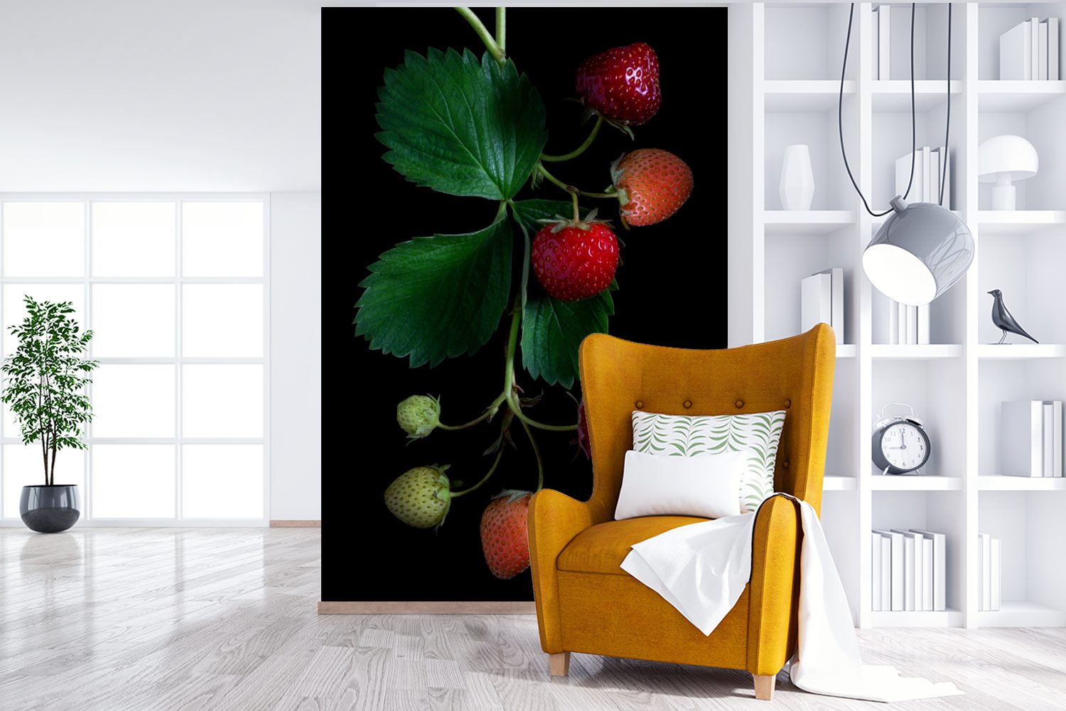 (3 Tapete auf Wohnzimmer, Matt, St), für Eine MuchoWow Wandtapete bedruckt, Montagefertig Hintergrund, Fototapete Erdbeerpflanze Vinyl schwarzem