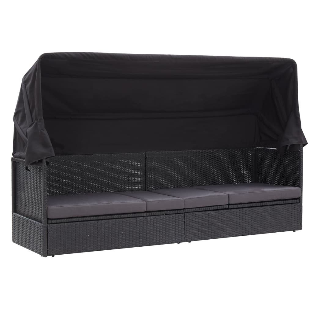 furnicato Gartenliege Outdoor-Sofabett mit Dach Poly-Rattan Schwarz