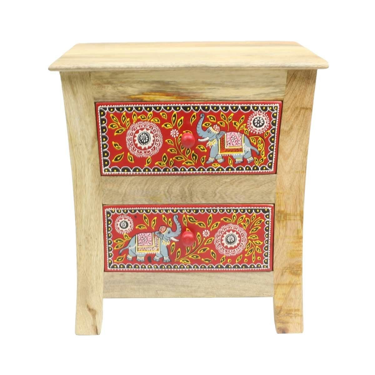 Oriental Galerie Nachttisch Indischer Nachttisch mit 2 Schublade Elefant  Bemalung 45 x 33 cm TEC/201, Handarbeit