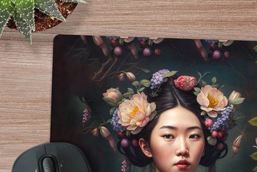 MuchoWow Gaming Mauspad Frau - Blumen - Kimono - Porträt - Asiatisch (1-St), Mousepad mit Rutschfester Unterseite, Gaming, 40x40 cm, XXL, Großes