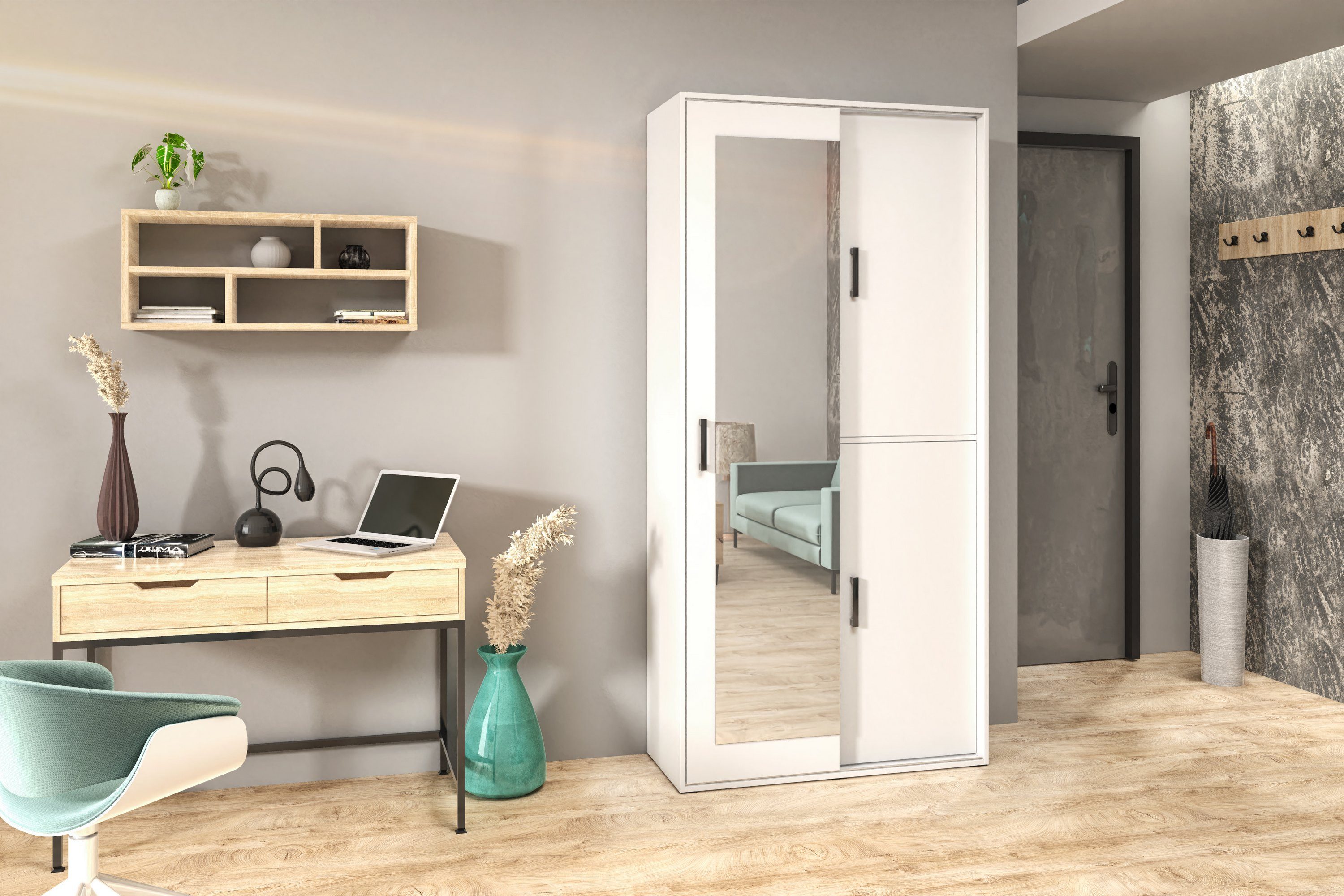 Masseno Garderobenschrank BENVENO 100 x 210 cm Flurmöbel mit Spiegel und 3 Türen Weiß