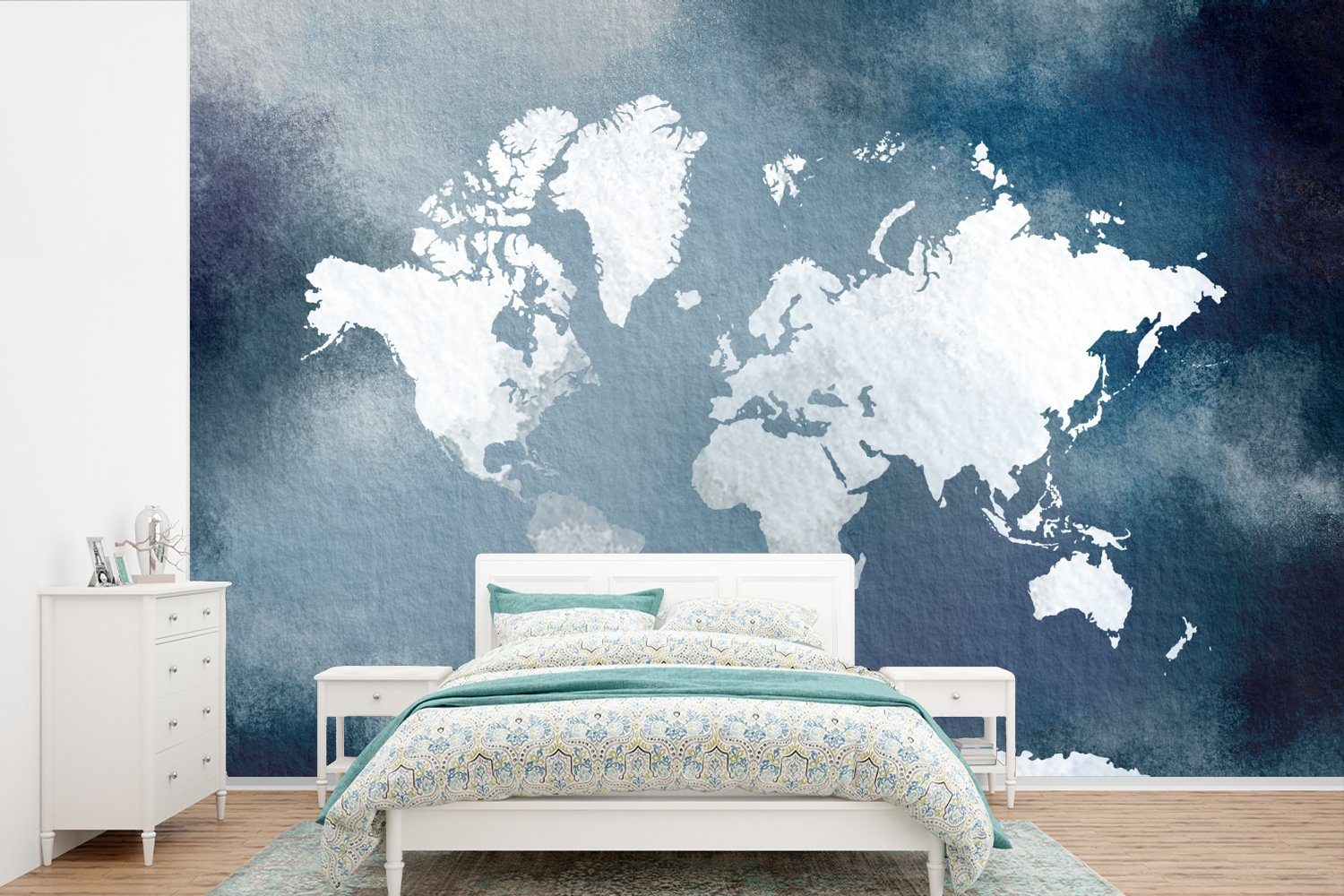 (6 Schlafzimmer, Tapete für bedruckt, Vinyl Matt, Wallpaper Weltkarte - St), Blau, Aquarell Fototapete Wohnzimmer, MuchoWow - Kinderzimmer,