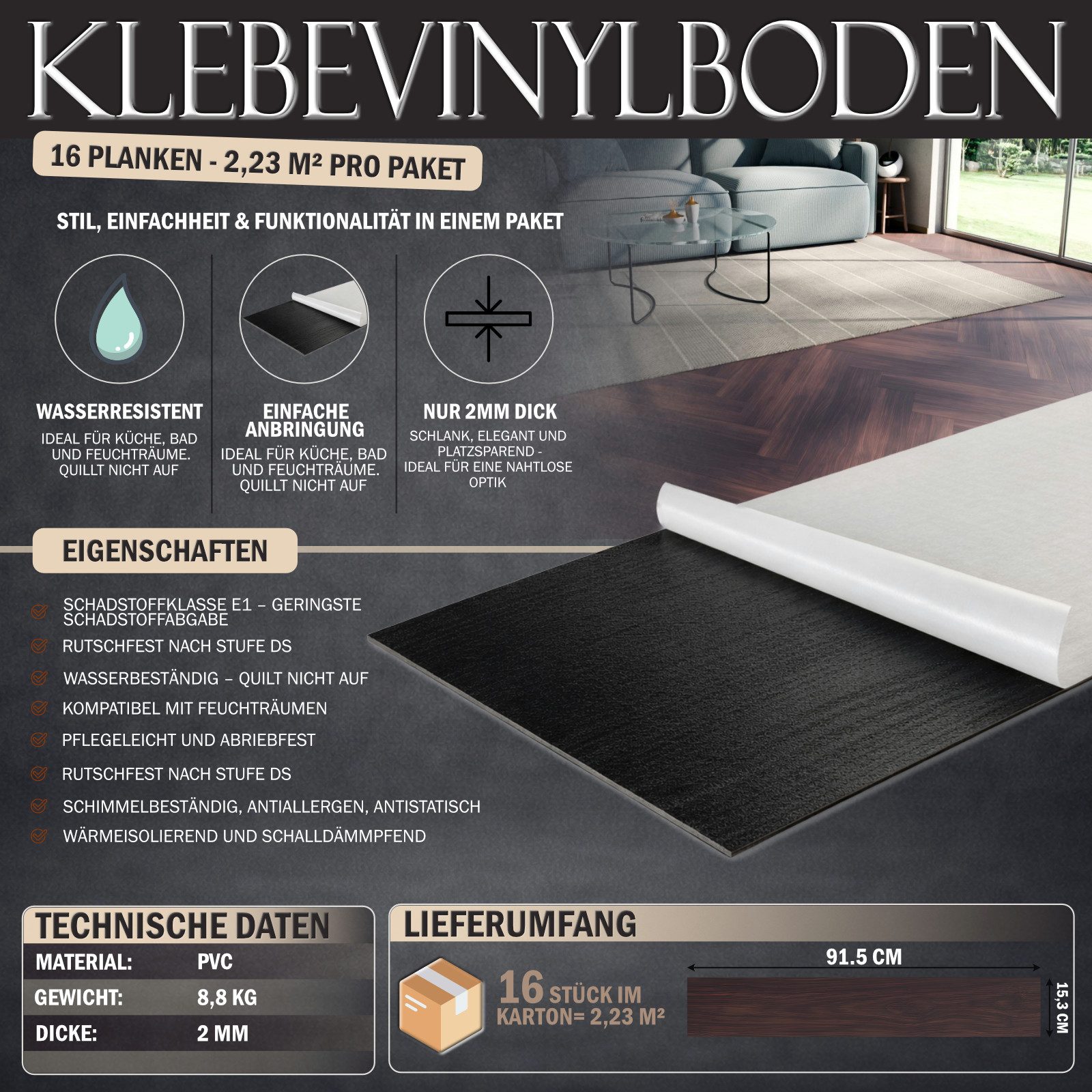 HAGO Vinylboden Bodenbelag Vinylboden Klebeboden Klebevinyl Designbelag PVC Paneele, Rutschfest, schimmelbeständig, wärmeisolierend, schalldämpfend, E1 DS 23/31