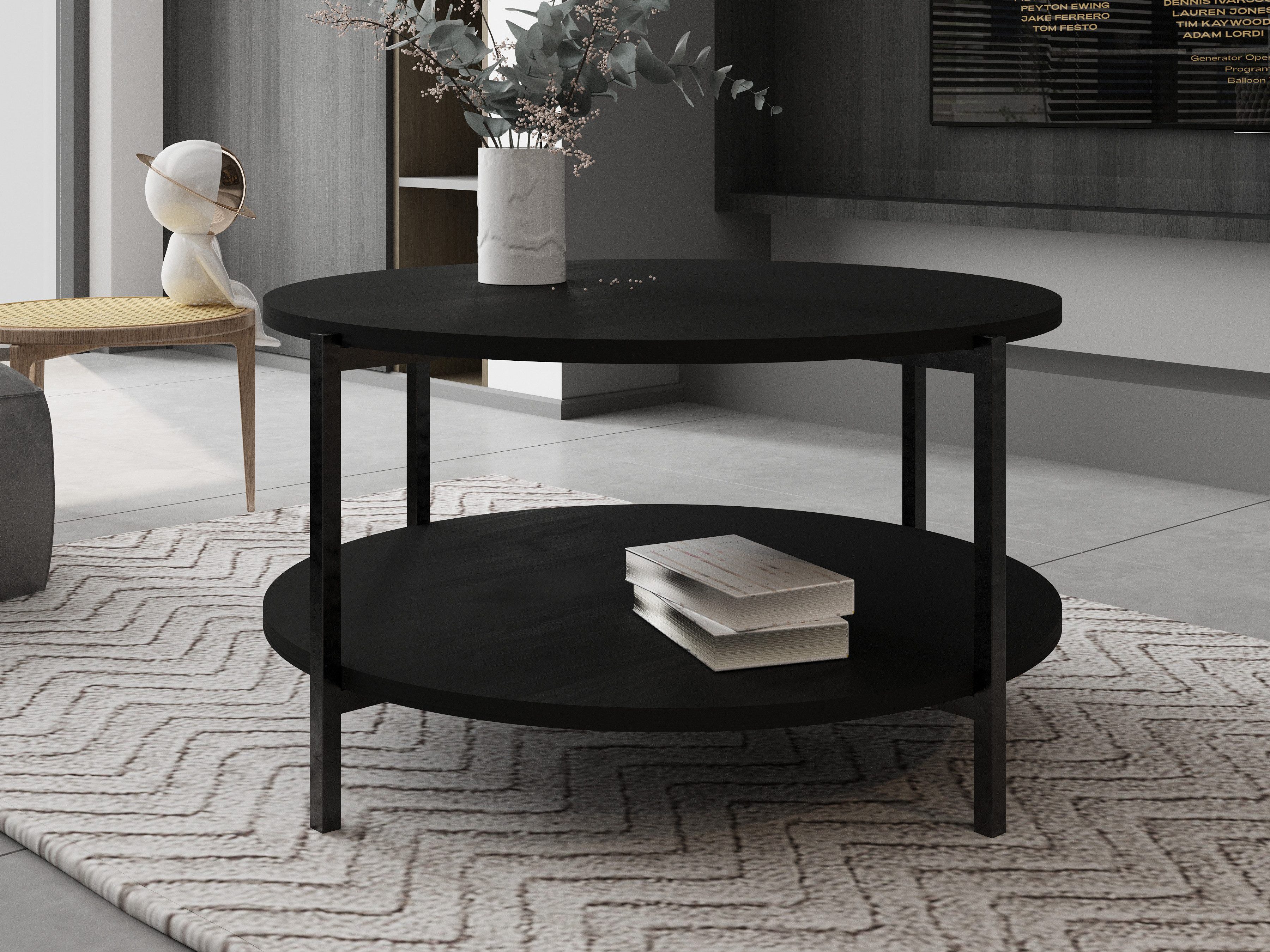 Beautysofa Couchtisch JULE (Moderner runder Wohnzimmertisch, in Schwarz mit Ablage), Ø 65 cm