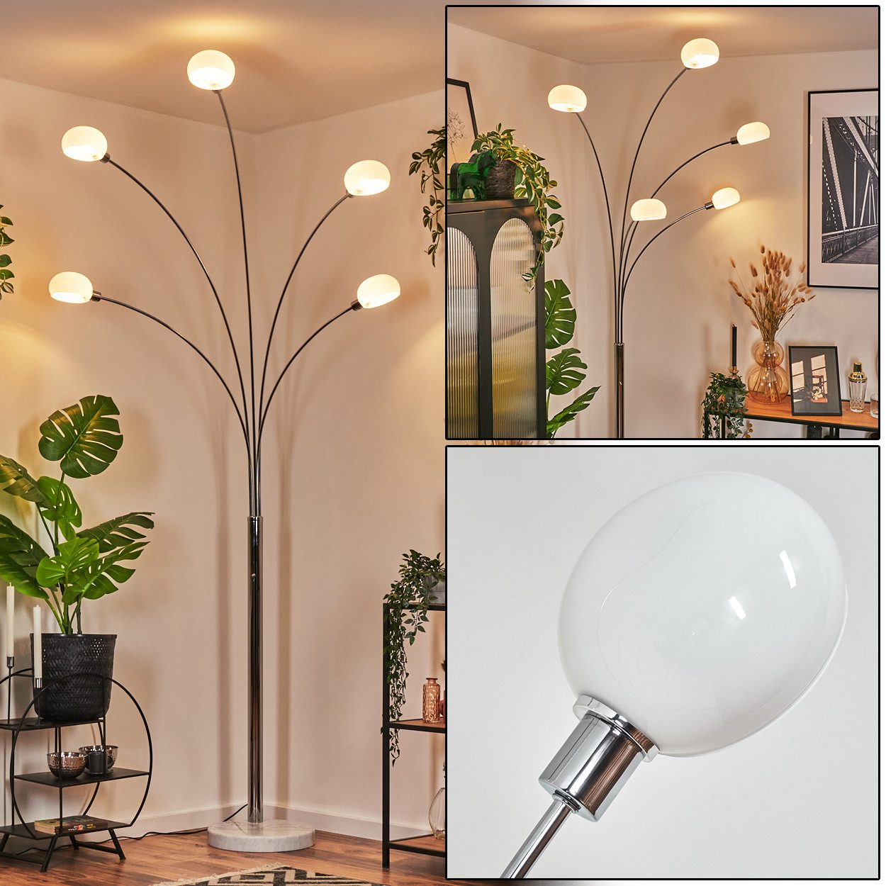 hofstein Stehlampe Stehlampe aus Metall in Weiß/Chromfarben, Retro/Vintage-Design, ohne Leuchtmittel, Stehleuchte verstellbar mit Marmorfuß und Schalter am Gehäuse, E14