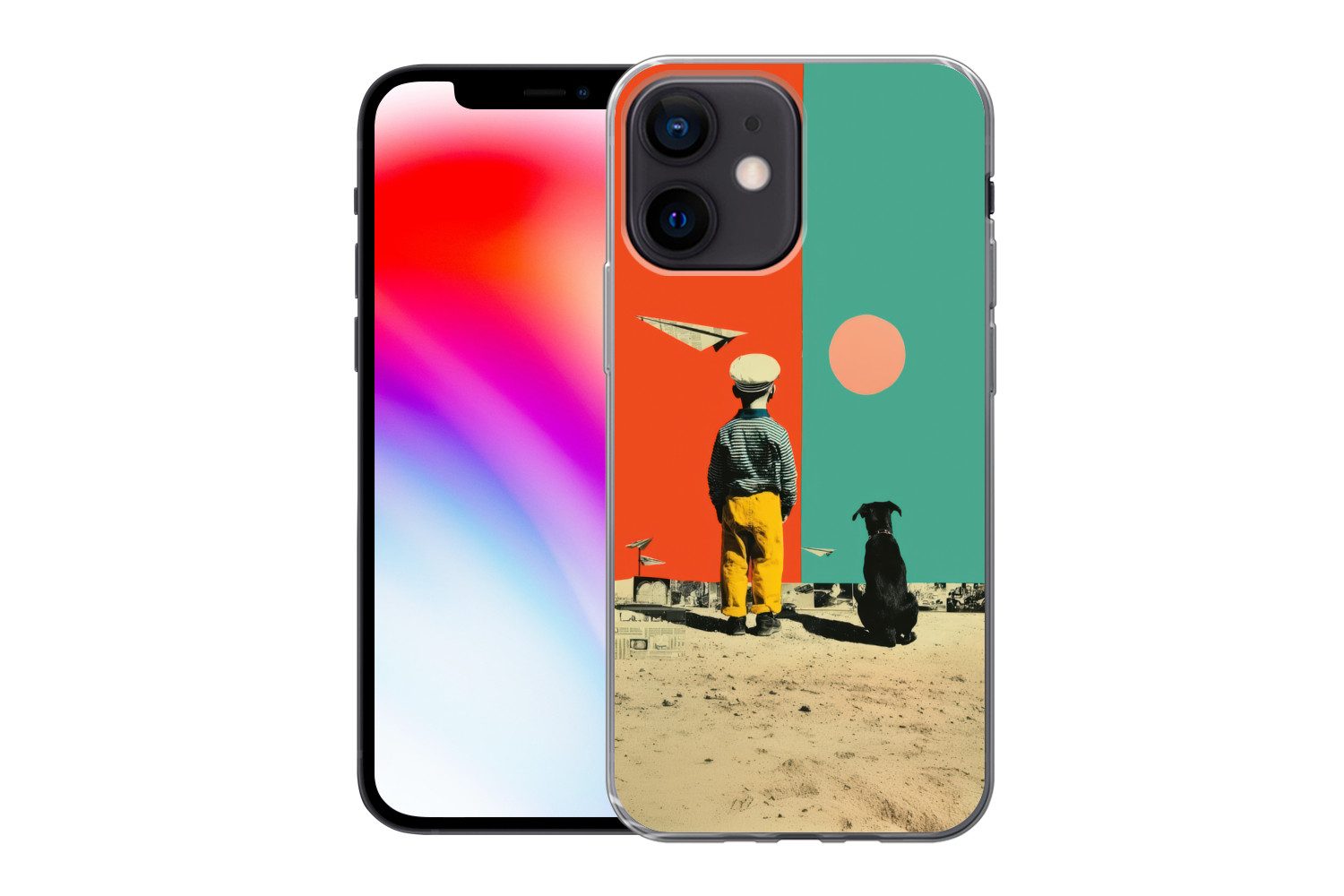 MuchoWow Handyhülle für Apple iPhone 12 Mini Retro - Junge - Hund - Rot - Grün, Smartphone-Bumper, Print, Handy Schutzhülle Dünn