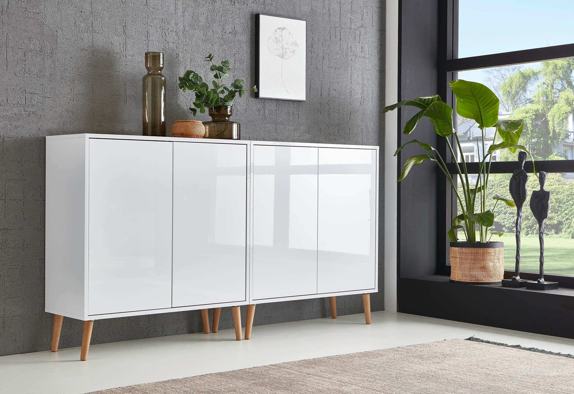 BMG Мебель Sideboard Mailand Set 2 (Kommode Anrichte Aktenschrank, mit Massivholzfuß), Push-to-open-Funktion