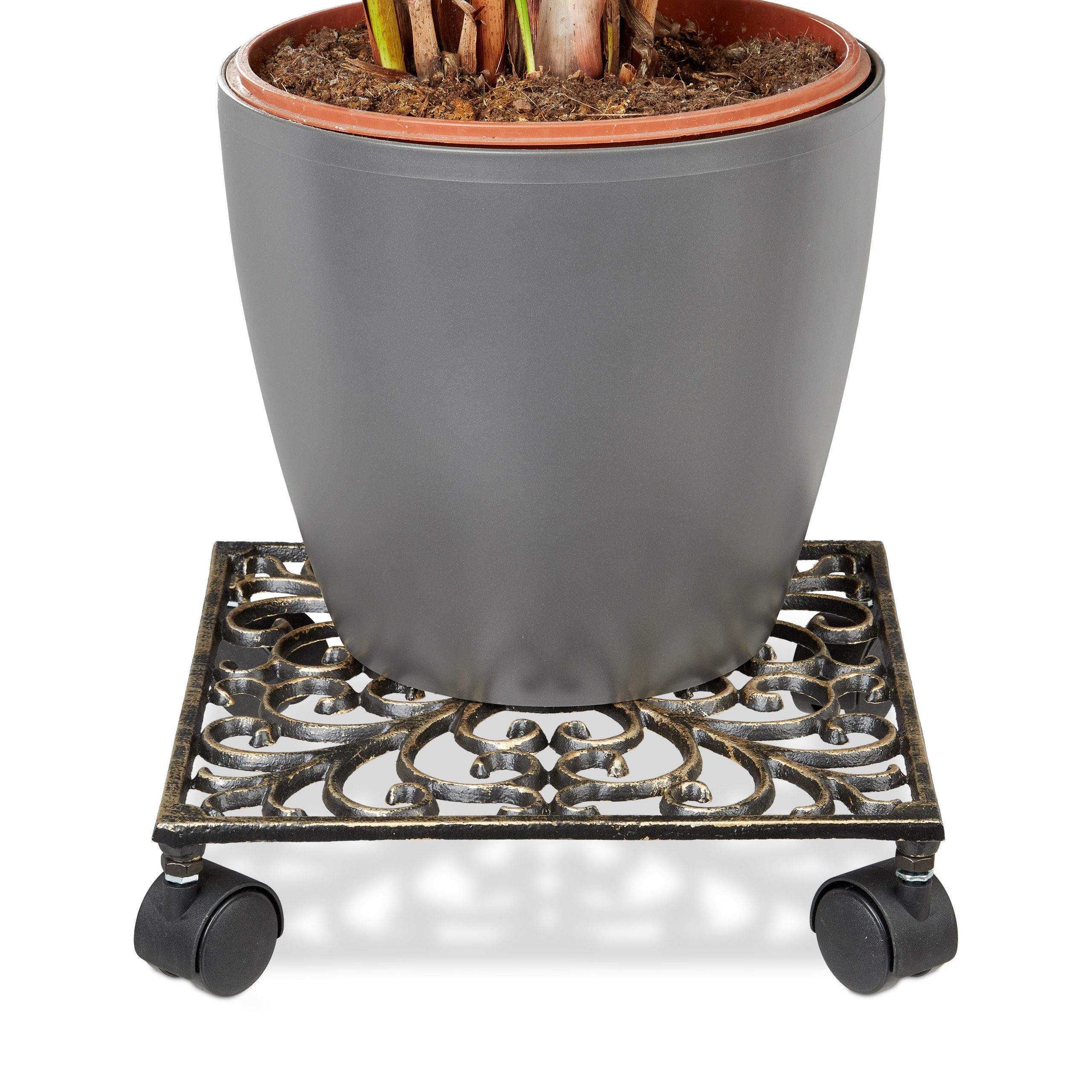 relaxdays Blumentopfuntersetzer Pflanzenroller Gusseisen, quadratisch günstig online kaufen
