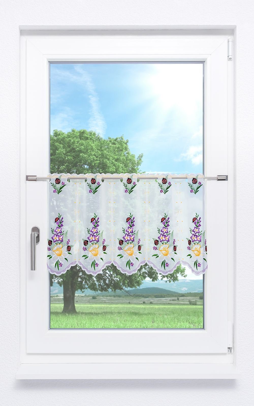 Plauener Spitze® Scheibengardine Frühlingsblumen (1 St), transparent, HxB 3 günstig online kaufen