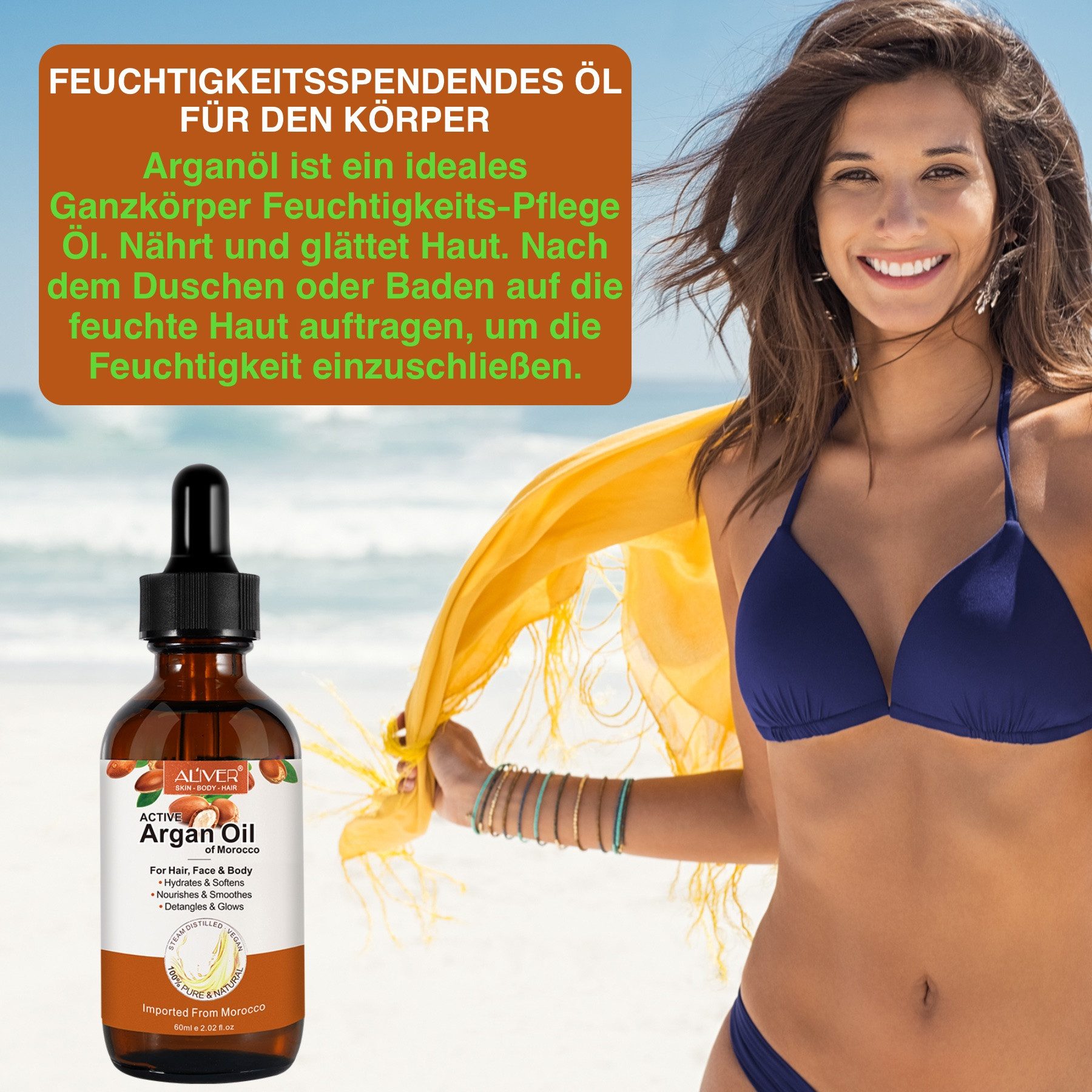 ALIVER Haaröl Arganöl Gesicht Haut Haar Nagel Bart Pflege Vegan, 1-tlg., Anti-Frizz, Entwirrend, Feuchtigkeitsspendend