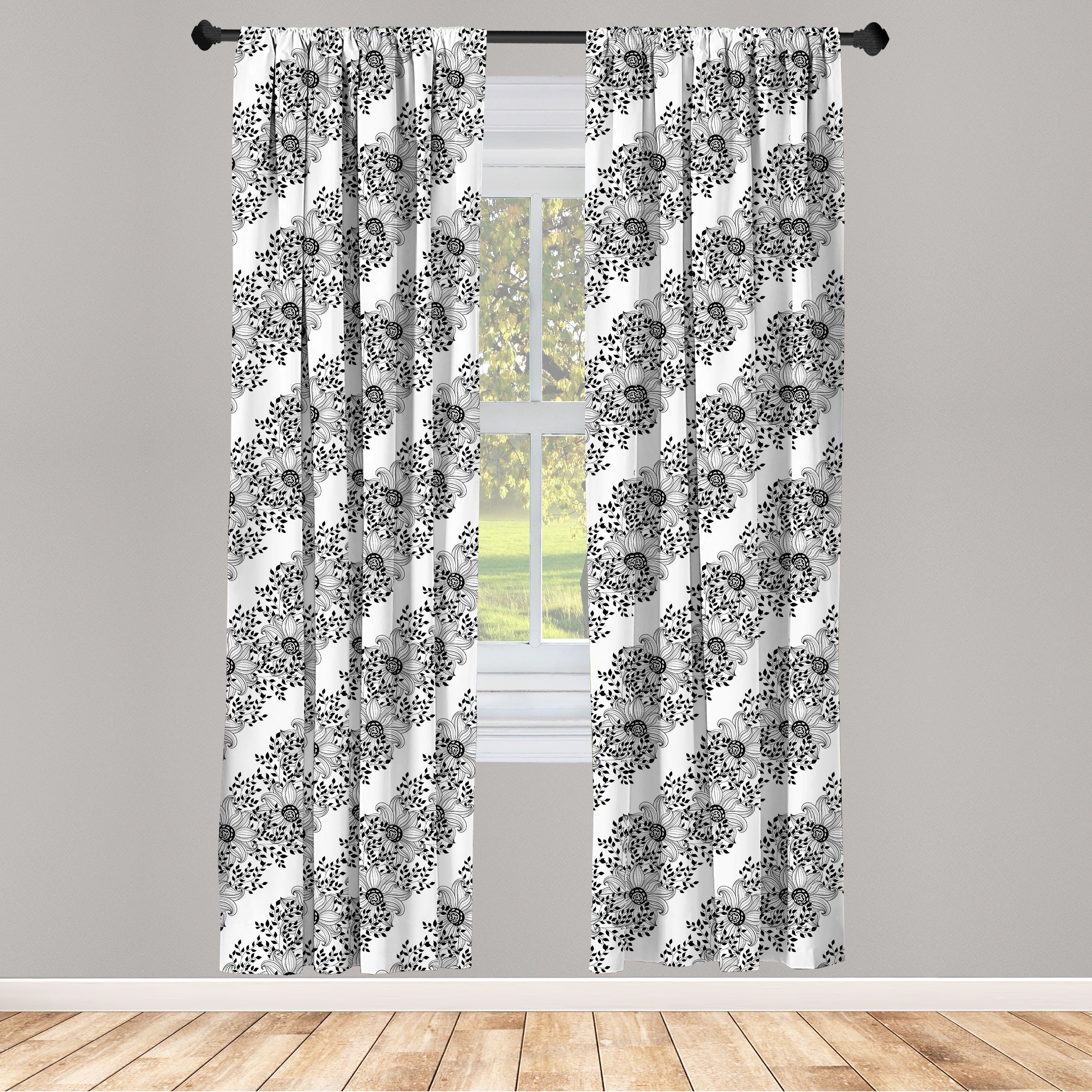 Gardine Vorhang für Wohnzimmer Schlafzimmer Blume Dekor, Abakuhaus, Vintage Umriss Microfaser, Blumenmotiv