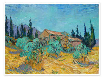 Posterlounge Poster Vincent van Gogh, Holzhütten zwischen Olivenbäumen und Zypressen, Wohnzimmer Malerei