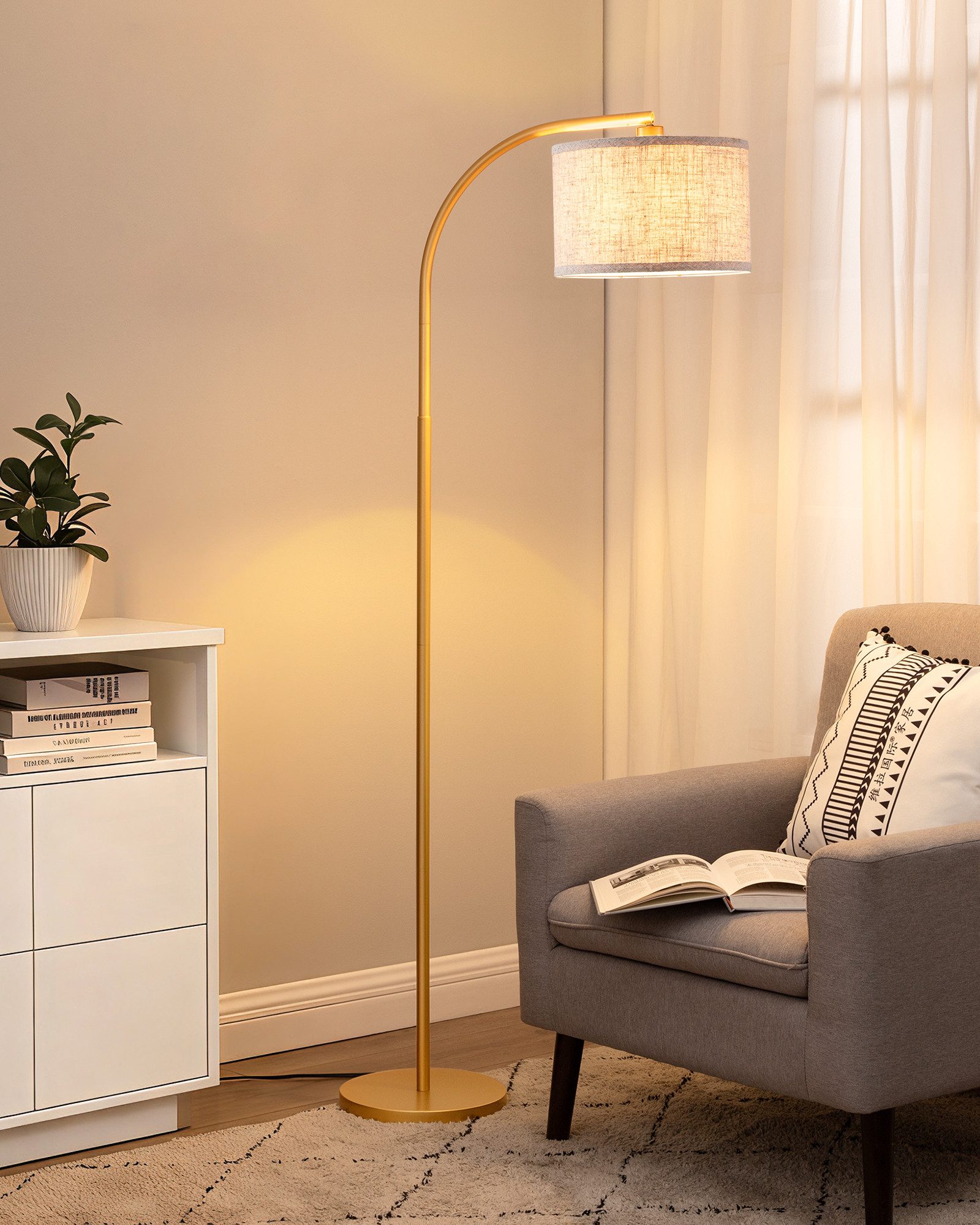 EDISHINE Stehlampe Wohnzimmer, mit E27 LED-Glühbirne, warmweiß, 161cm Bogenlampe mit Leinen-Lampenschirm