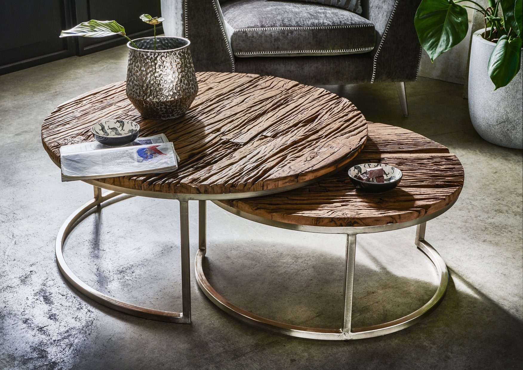 More2Home Couchtisch OKA, als 2-er Set rund, recyceltes Altholz und Eisen n günstig online kaufen