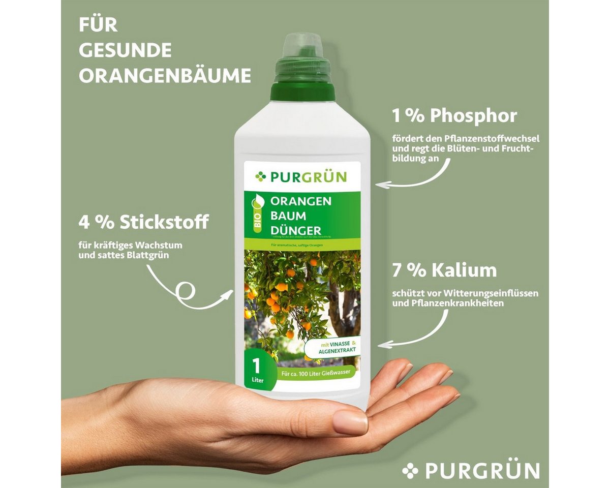 Thumbnail - Purgrün Obstdünger Purgrün Bio Orangenbaum Dünger, NPK 4+1+7, Algenextrakt, 1 Liter, Flüssigdünger, extra Kalium für aro...