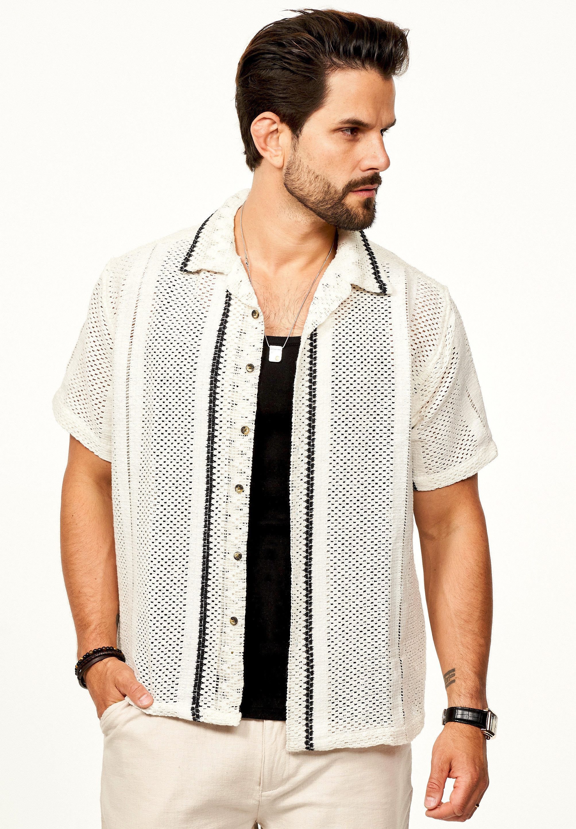 SOULSTAR Kurzarmhemd Gestreift - Freizeithemd als Kurzam Strick Retro Hemd Herren Strick Polo-Hemd Overshirt im Regular-Fit T-Shirt – Bild 5 von 5