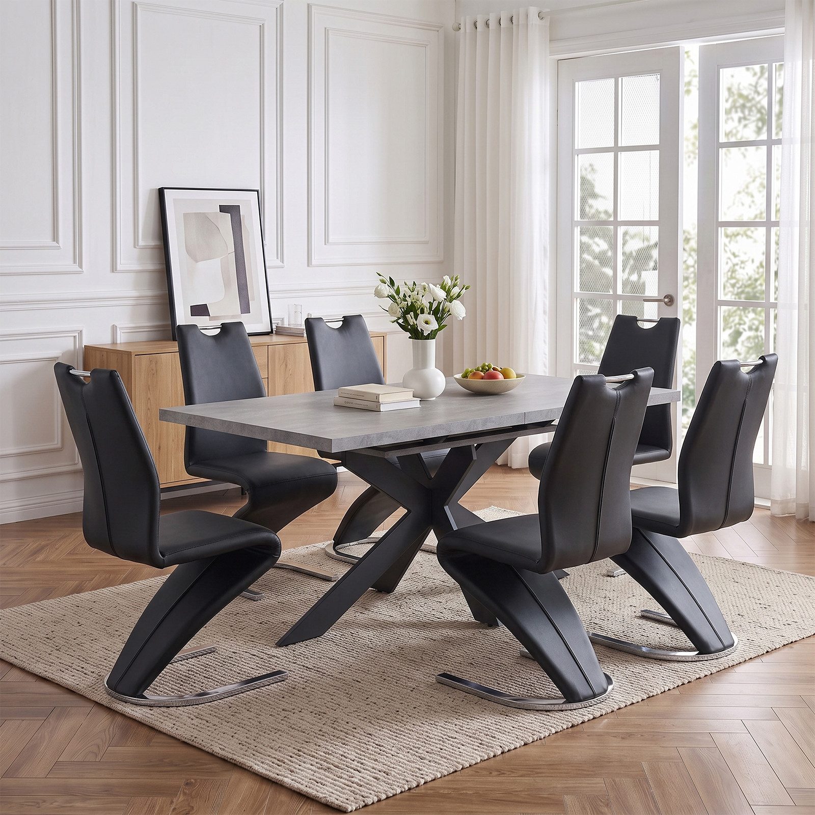 Jiexi Essgruppe Ausziehbarer Esstisch 160-200cm MDF Set PU Leder Freischwinger