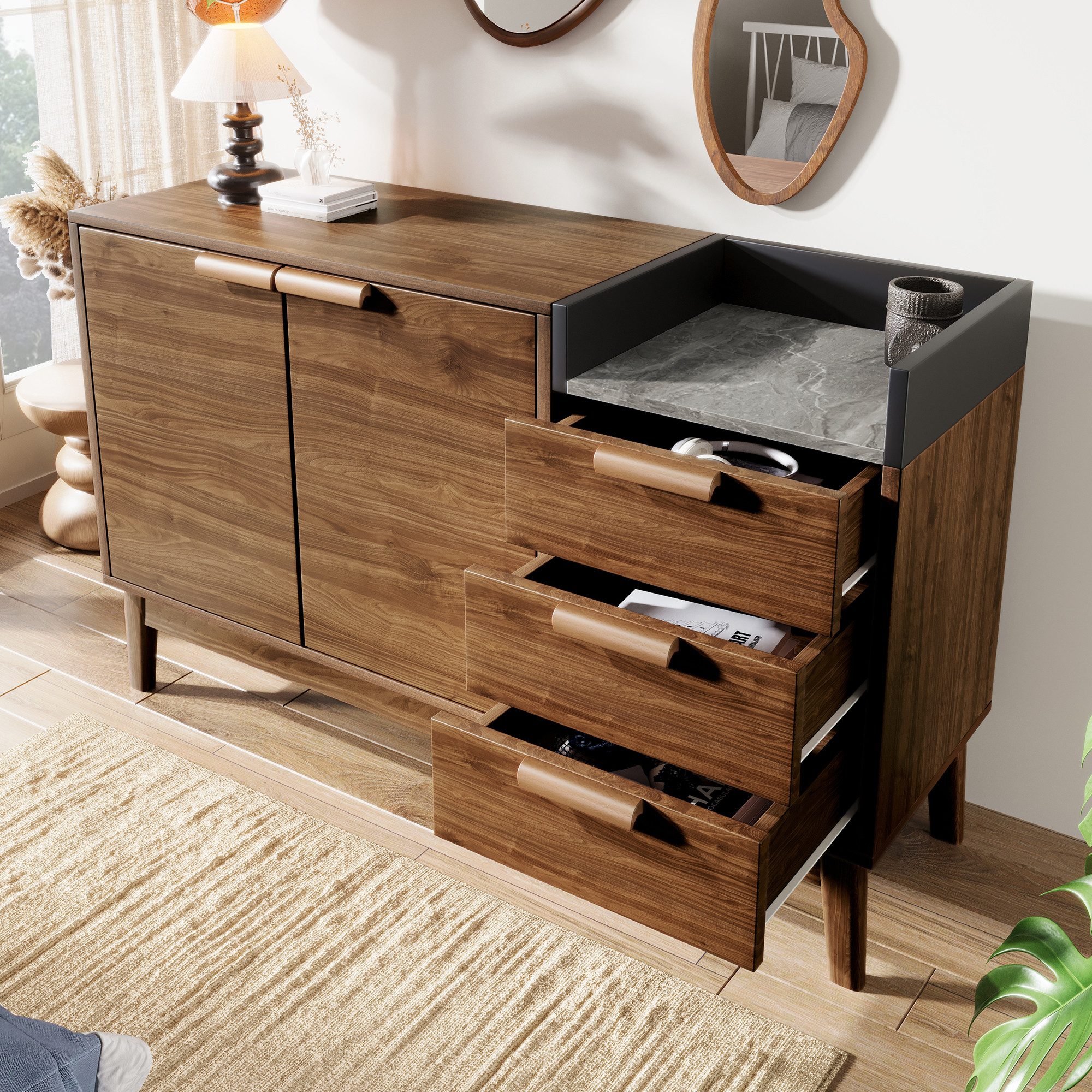 Flieks Kommode Mehrzweckschrank mit Schublade und verstellbaren Einlegeböden (H77/B120/T40 cm, 1 St), Holzschrank Sideboards Wohnzimmerschrank Eichefarben, Massivholzbeine