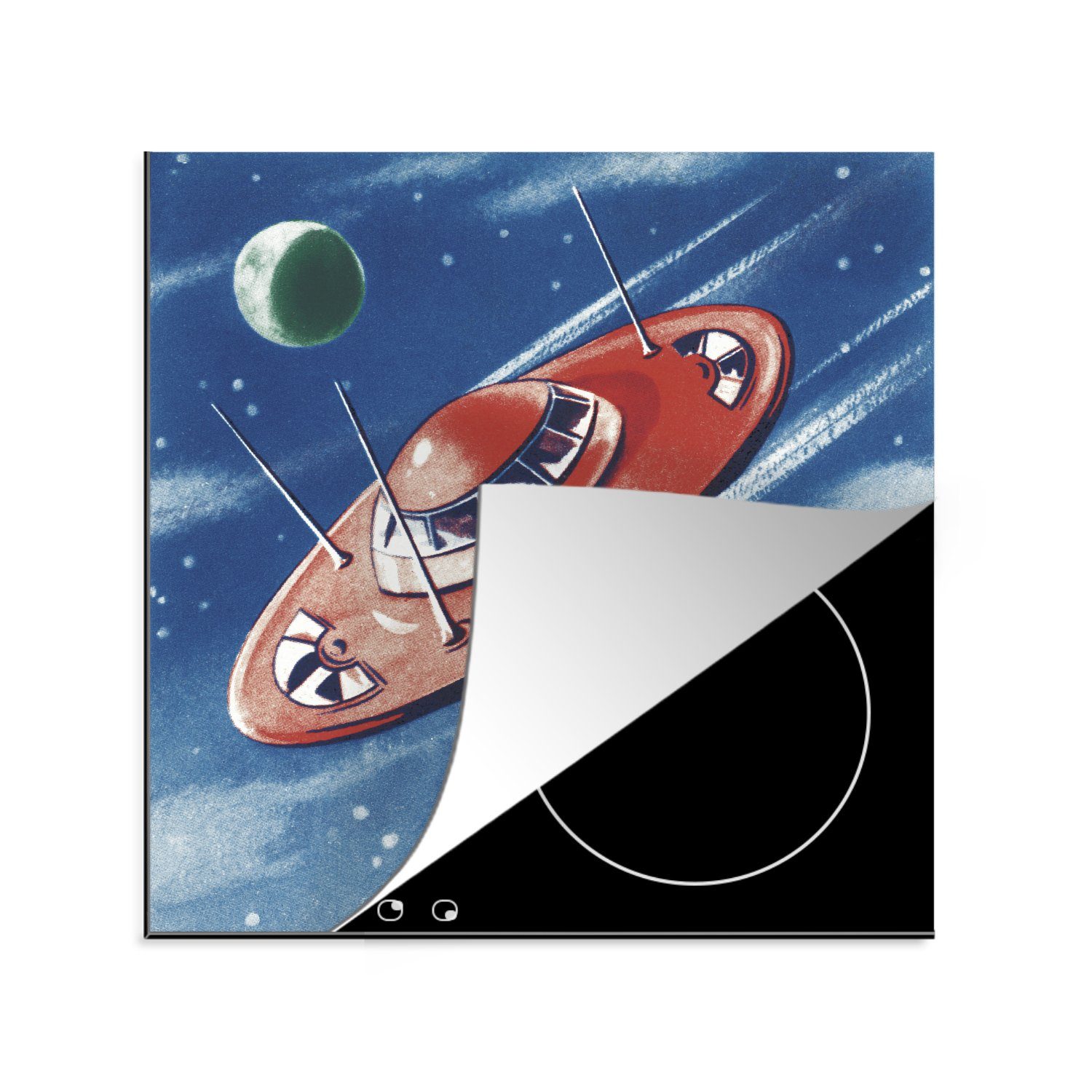 MuchoWow Herdblende-/Abdeckplatte Eine Illustration eines UFOs inmitten der Planeten - Jungen - Mädchen, Vinyl, (1 tlg), 78x78 cm, Ceranfeldabdeckung, Arbeitsplatte für küche