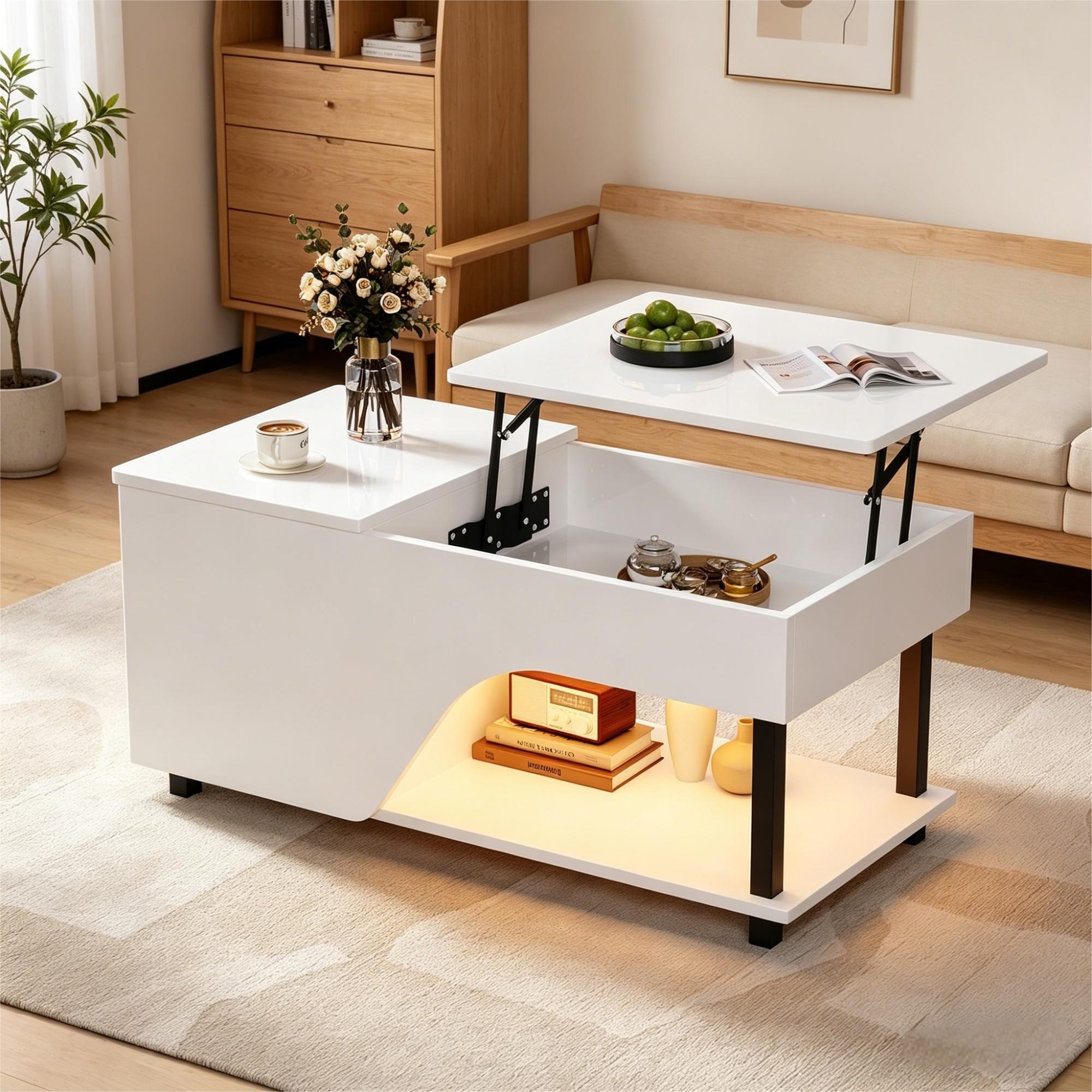 BlingBin Couchtisch 100x50x46cm Höhenverstellbarer Kaffeetisch, Hochglänzend LED-Sofatisch (1er Set, 1-St., Beträgt 35 kg, Teetisch mit Seitlicher Ablage), Durchbrochener Beistelltisch mit Stauraum für Wohnzimmer, Weiß