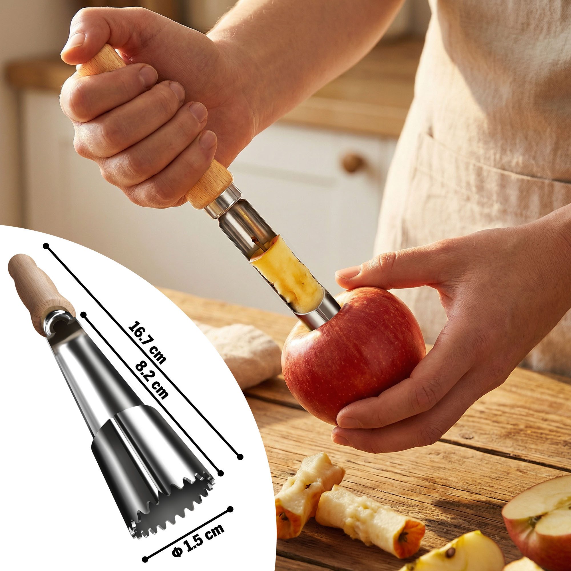 Lindenstein Apfelschäler Apfelentkerner mit Holzgriff und Edelstahlklinge, Ø 1,5 cm, Holzgriff, langlebig, perfekt für Bratapfel und Apfelkuchen