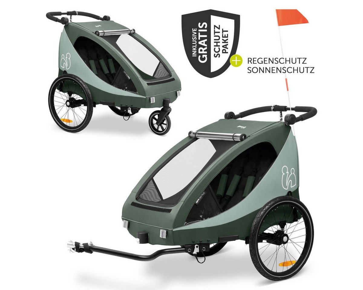 Hauck Fahrradkinderanhänger Dryk Duo Plus - Dark Green, Fahrradanhänger Buggy für 2 Kinder mit Regen-& Sonnenschutz bis 44 kg