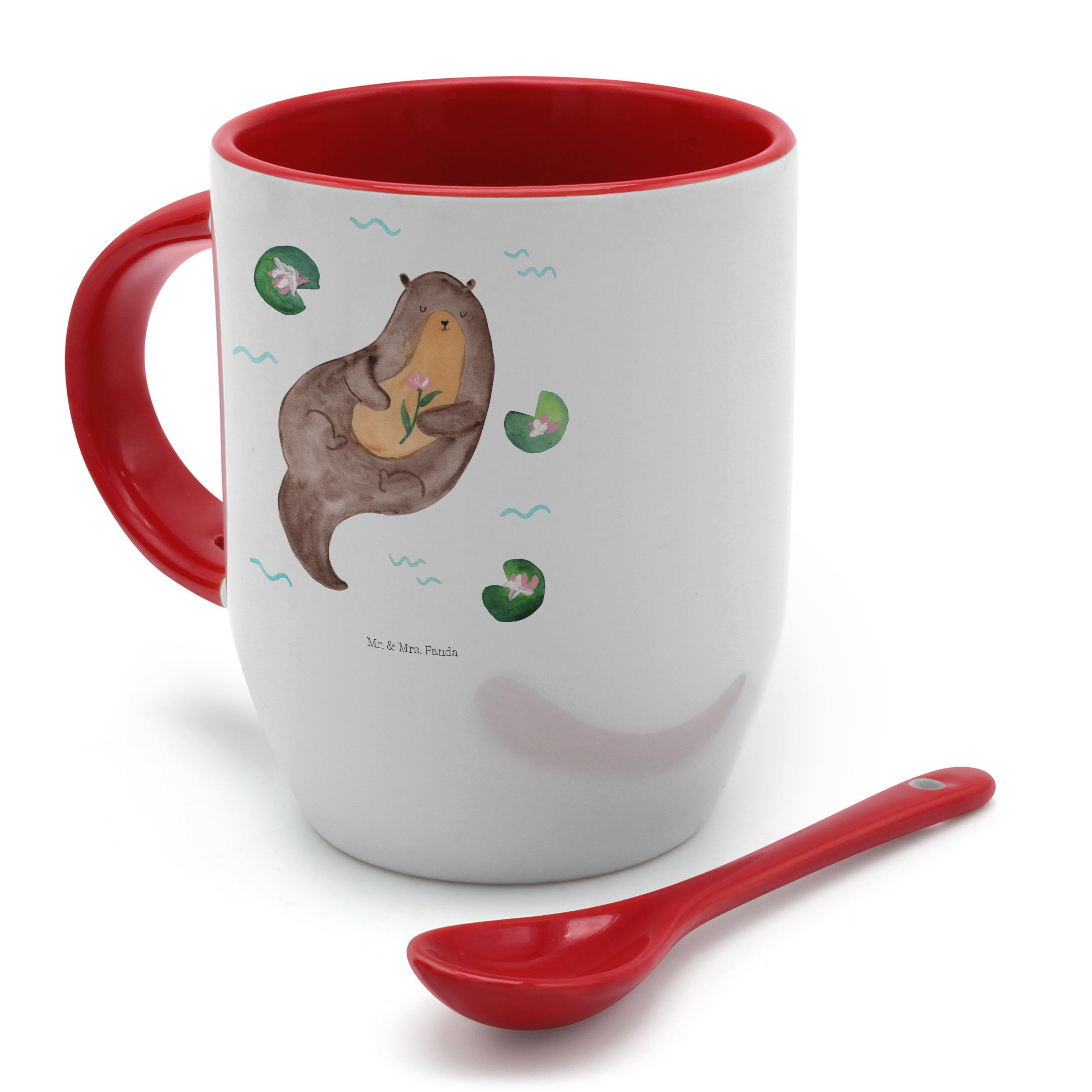 Mr. & Mrs. Weiß T, Keramik Panda Fluss, - - mit Geschenk, Tasse Kaffeebecher, Otter Seeotter, Seerose