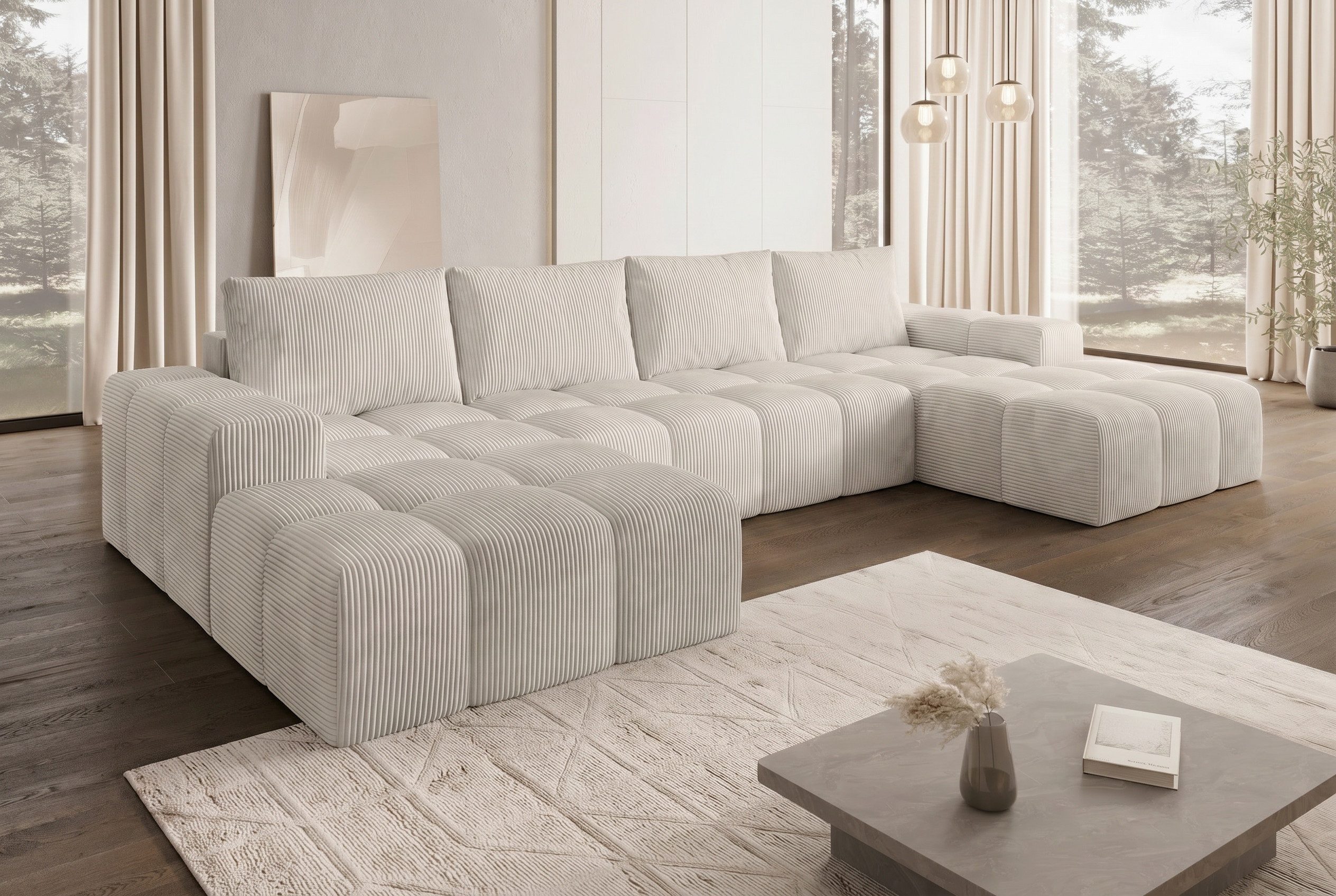 PROMETO Möbel Ecksofa Couch U-Form, Sofa U-Form Teddy-Bouclé, Web oder Cord-Stoff Cento