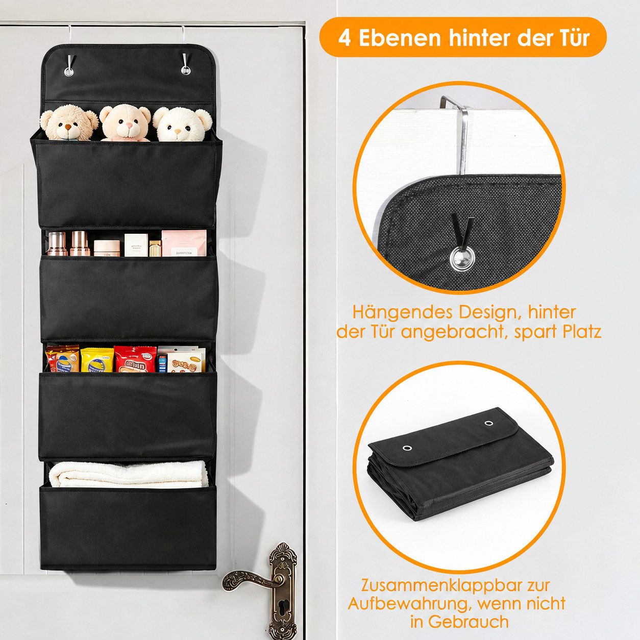 BlingBin Hängeaufbewahrung Hängeorganizer mit 4 Taschen, Platzsparendes Hängeregal (1er Set, 1 St., 1 x Hängeaufbewahrungstasche + 2 x Haken), Tür-Aufbewahrungs – Bild 3 von 5