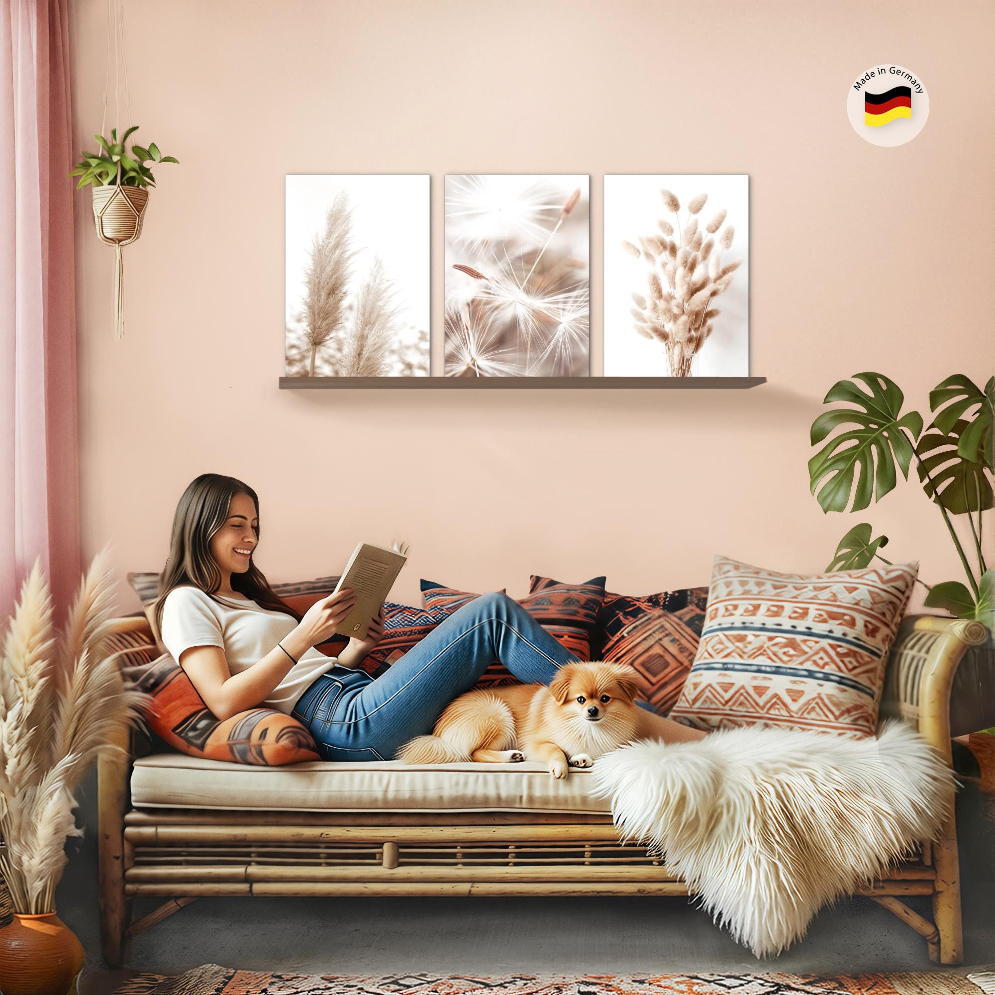 Novart Wandbild 3 Wandbilder Set Natur Wohnzimmer Deko Landschaft Berge Boho, Pampas2