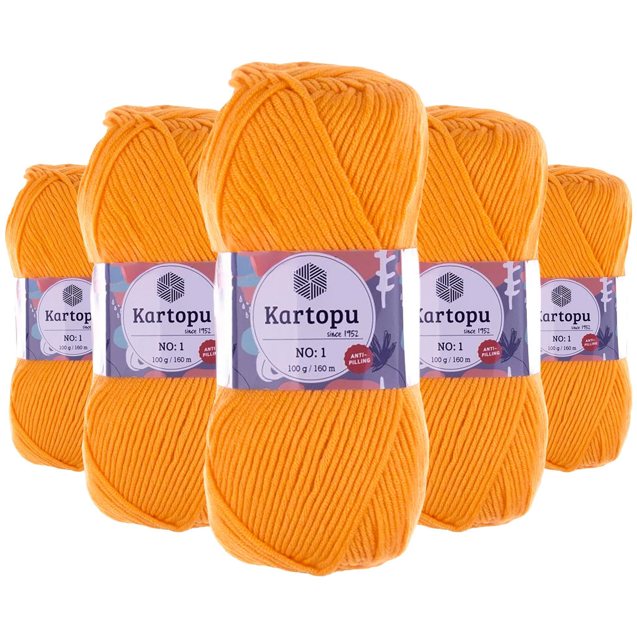 maDDma 5 x 100g Strickwolle Kartopu NO:1 Polyacryl-Wolle Anti Pilling Effekt Häkelwolle, 800 m (Sparpaket), K154 melonengelb