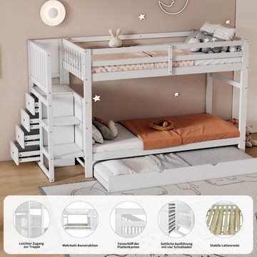 EXTSUD Etagenbett Etagenbett, drei Schlafplätze, absenkbares Bett, vier Schubladen,weiß