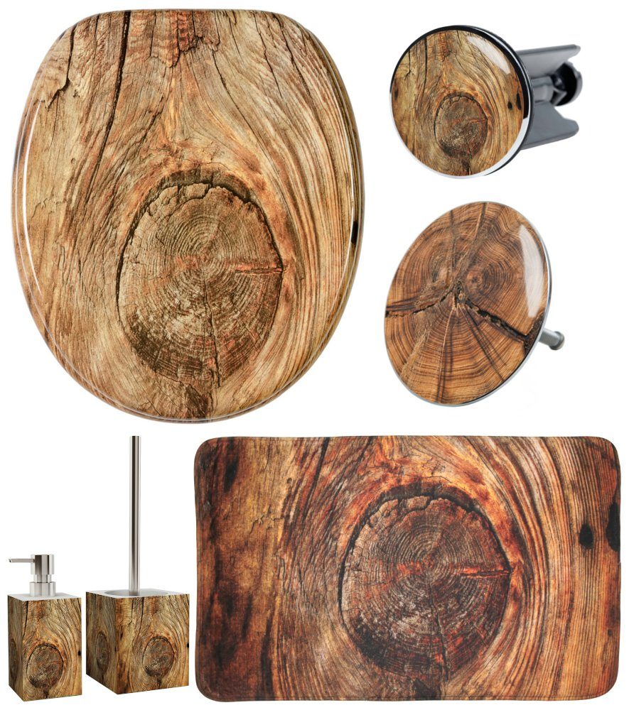 Sanilo Badaccessoire-Set 6-teilig Rustikal, WC-Sitz mit Absenkautomatik, Badteppich 70 x 110 cm, Waschbeckenstöpsel, Badewannenstöpsel, Seifenspender, WC-Bürste, 6 tlg., hochwertig & modern, universell, leichte Montage