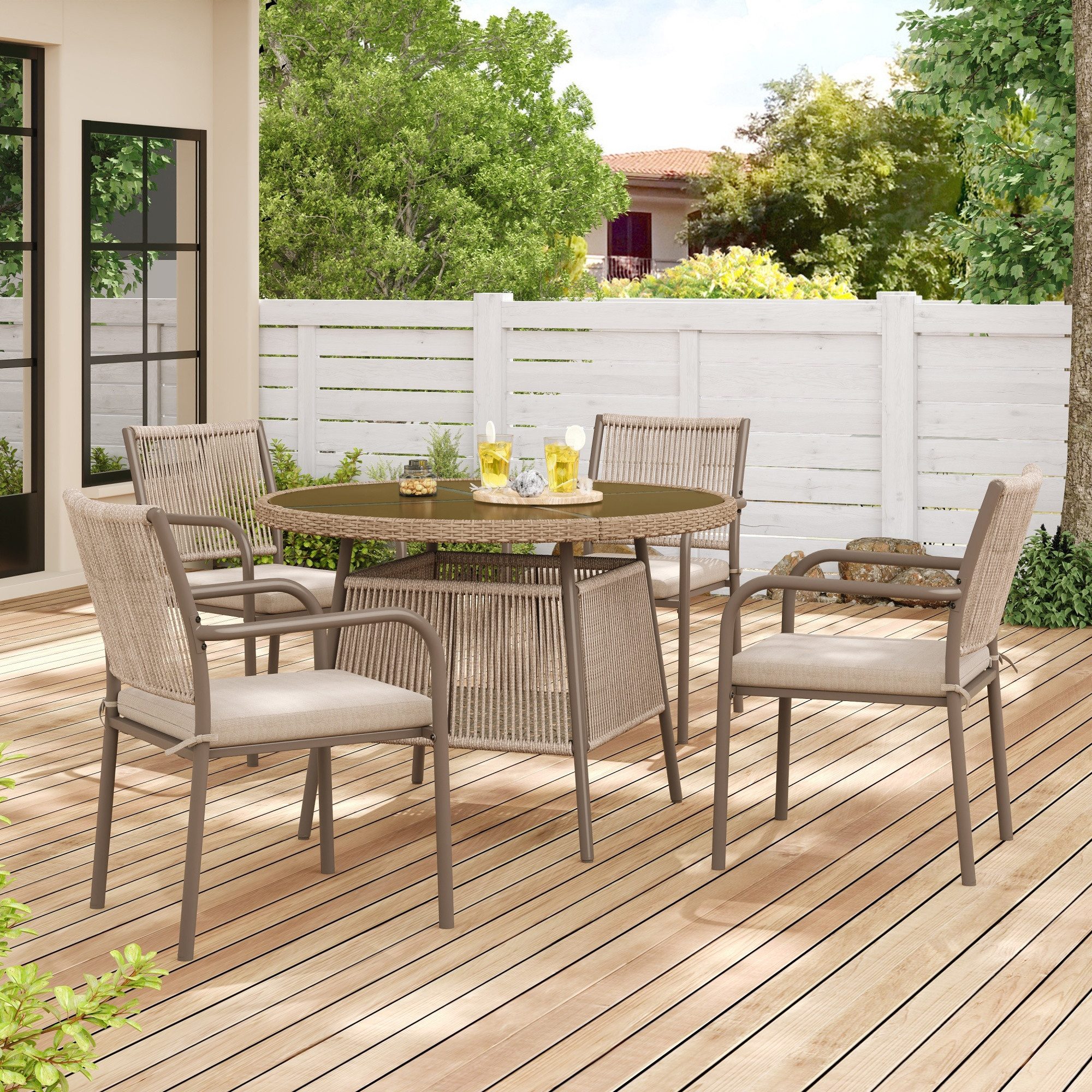 OKWISH Sitzgruppe Stuhl-Set 5-tlg. mit rundem Tisch 110x74 cm, 4 Armlehnstühle, (Set, 5-tlg., Modernes Gartenmöbel-Set aus Rattan), Eisengestell, Geeignet für Terrasse/Balkon/Deck