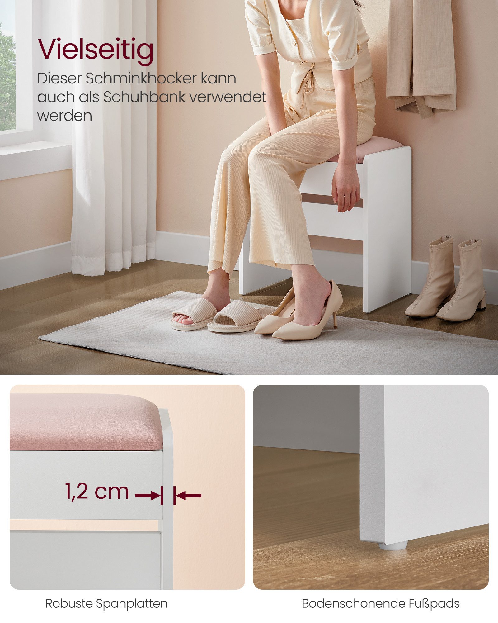 VASAGLE Schminktisch, Hocker Schminktisch, Sitzhocker gepolstert, mit rutschfesten Fußpads