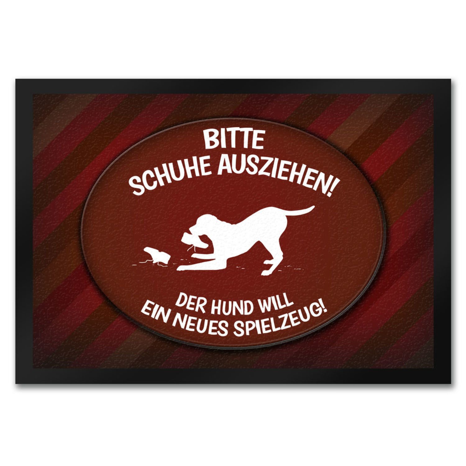 Fußmatte Schuhe ausziehen der Hund will neues Spielzeug Fußmatte in rot