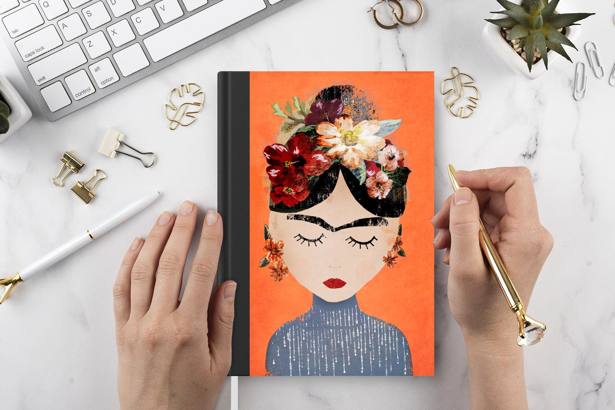 MuchoWow Merkzettel, Seiten, A5, Journal, Kahlo Notizheft, - Tagebuch, - Notizbuch Haushaltsbuch - Frida Frau Orange Porträt 98 - Blumen,