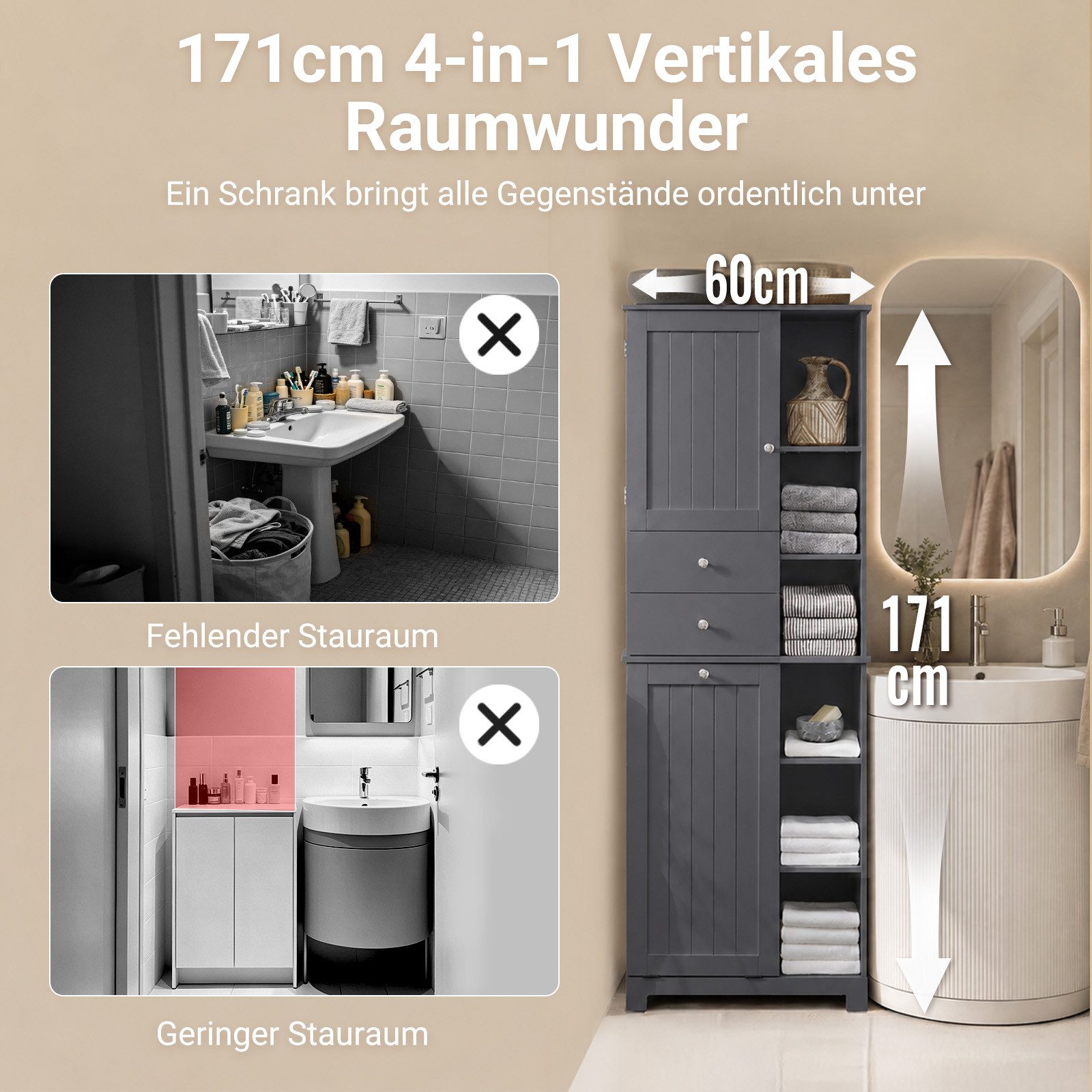 SoBuy Hochschrank BZR104, Badezimmerschrank, 4-in-1 Badkommode, Aufbewahrungsschrank Wäscheschrank, offenen Fächern, mit Wäschekorb, Schrank für Badezimmer – Bild 4 von 5
