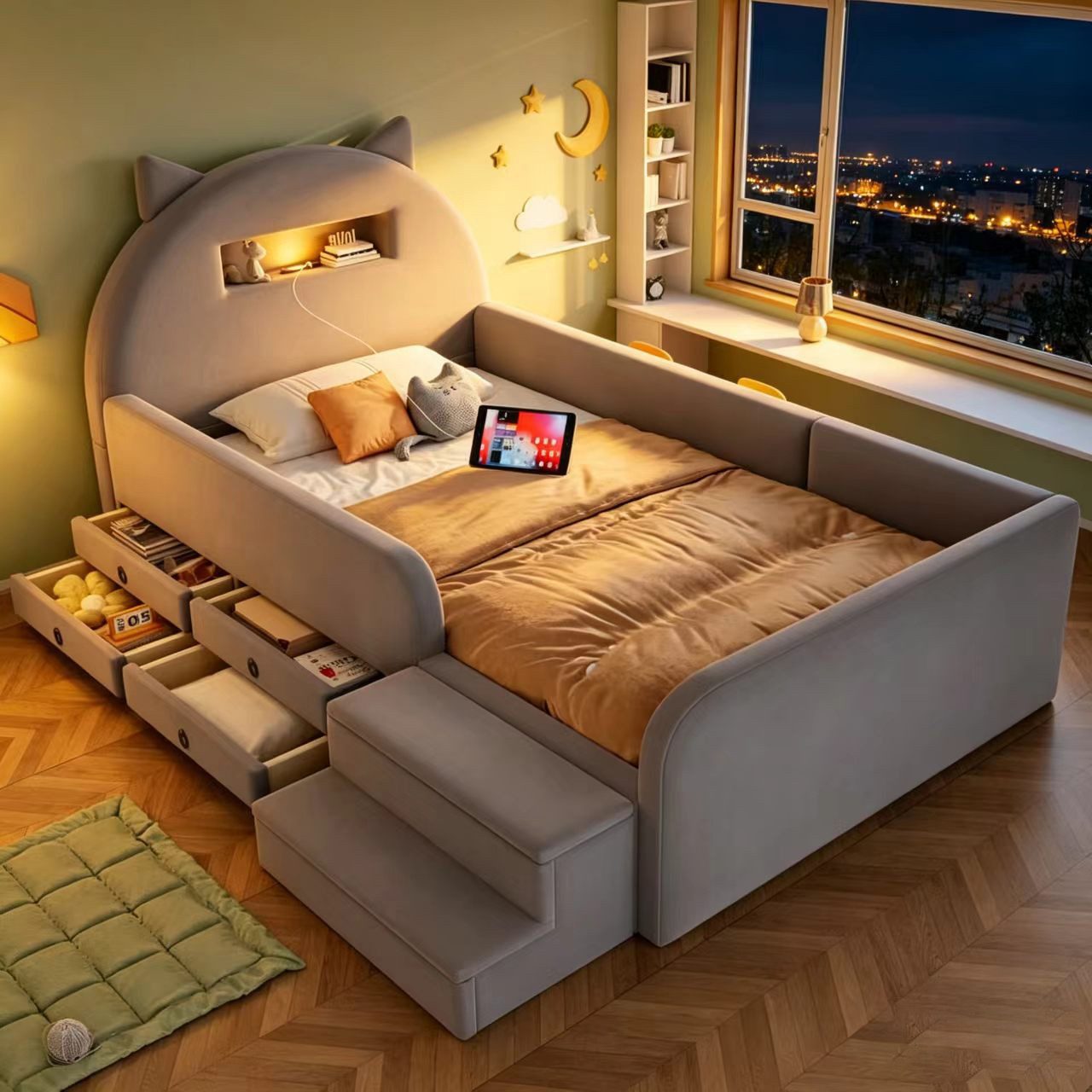STILVORA Polsterbett 90×200 mit Stauraum Funktionbett Kinderbett, ohne Matratze (Jugendbett, USB-Anschluss, Nachtlicht, 4 Schubladen, Samtbezug, Ohrkopfteil, Stufenbank, Komfortpolster, hautfreundlicher Samt), für Kinderzimmer, Jugendzimmer, Gästezimmer