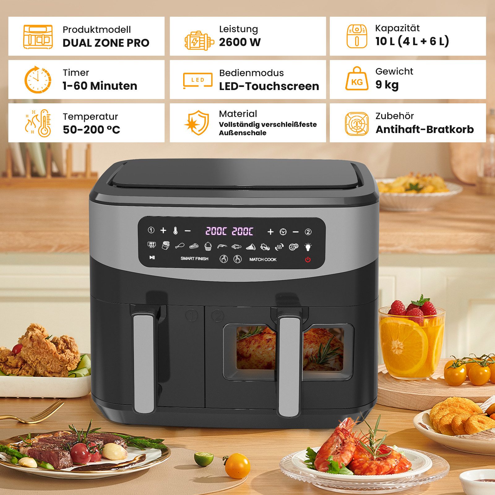 GIDGIMO Heißluftfritteuse 10L XXL Doppelkammer Heißluftfritteuse mit 230°C, 12-in-1 Programmen & Touchscreen – Smart&Match Funktion für gesundes, fettarmes Kochen ohne Öl, 2800 W, Fassungsvermögen: ‎10 Liter