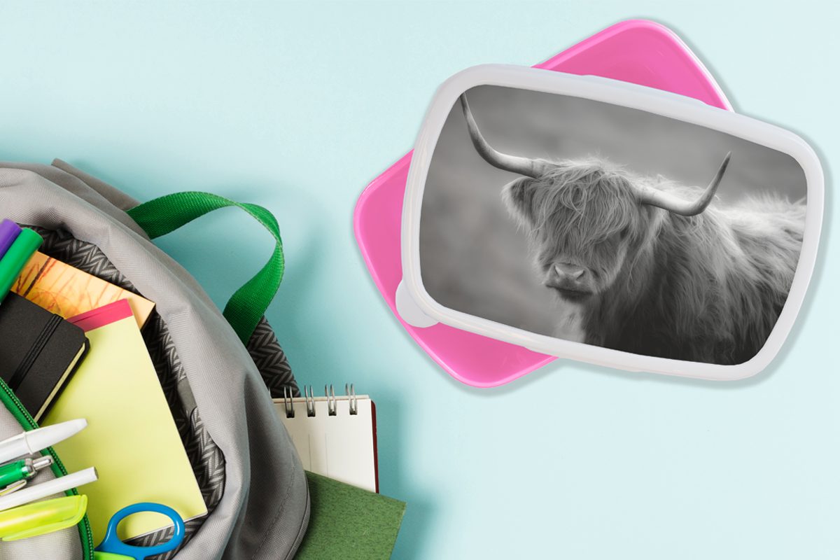 MuchoWow Lunchbox Snackbox, - weiß, Kunststoff, in Kinder, der rosa (2-tlg), Berges eines Mädchen, Kunststoff für Erwachsene, Brotbox und Schottischer Highlander Brotdose Nähe schwarz